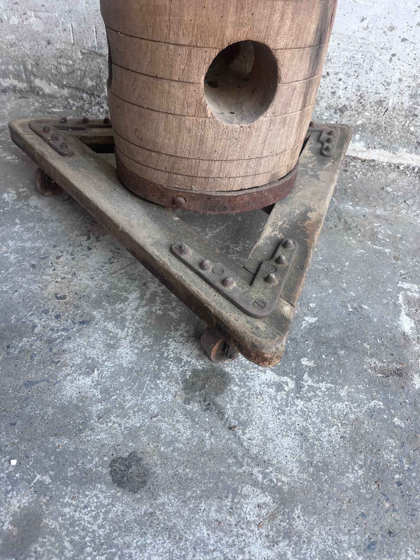 Monumental Antique Wooden Screw Press on Triangular Wheeled Base