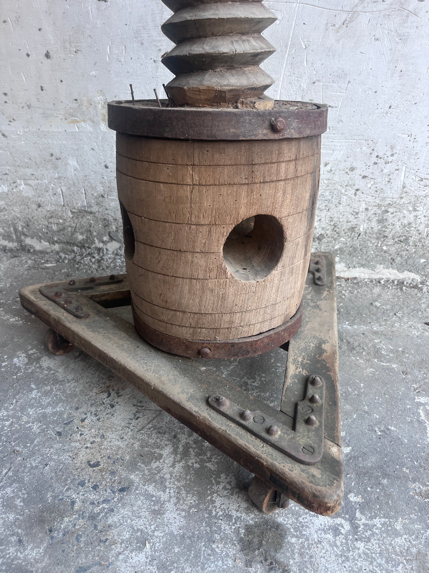 Monumental Antique Wooden Screw Press on Triangular Wheeled Base