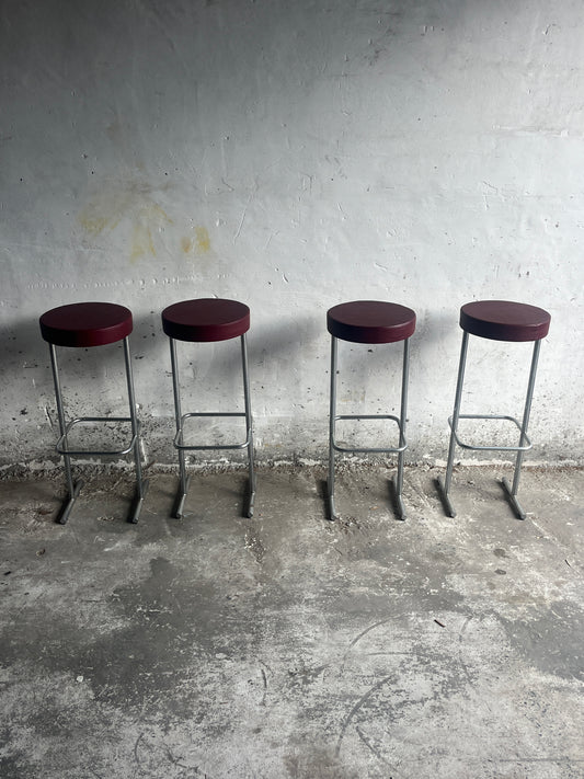 Set of 4 Industrial Bar Stools – Burgundy Seats (1980s)