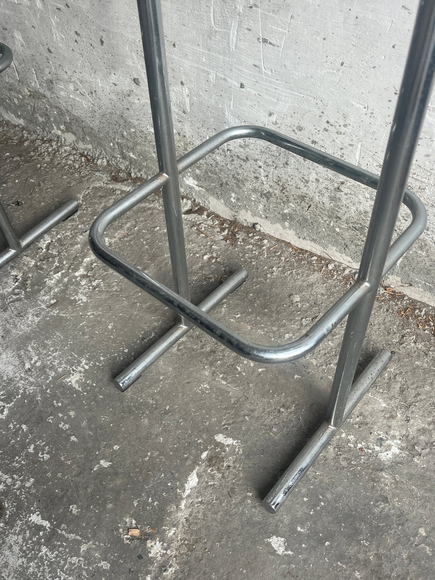 Set of 4 Industrial Bar Stools – Burgundy Seats (1980s)