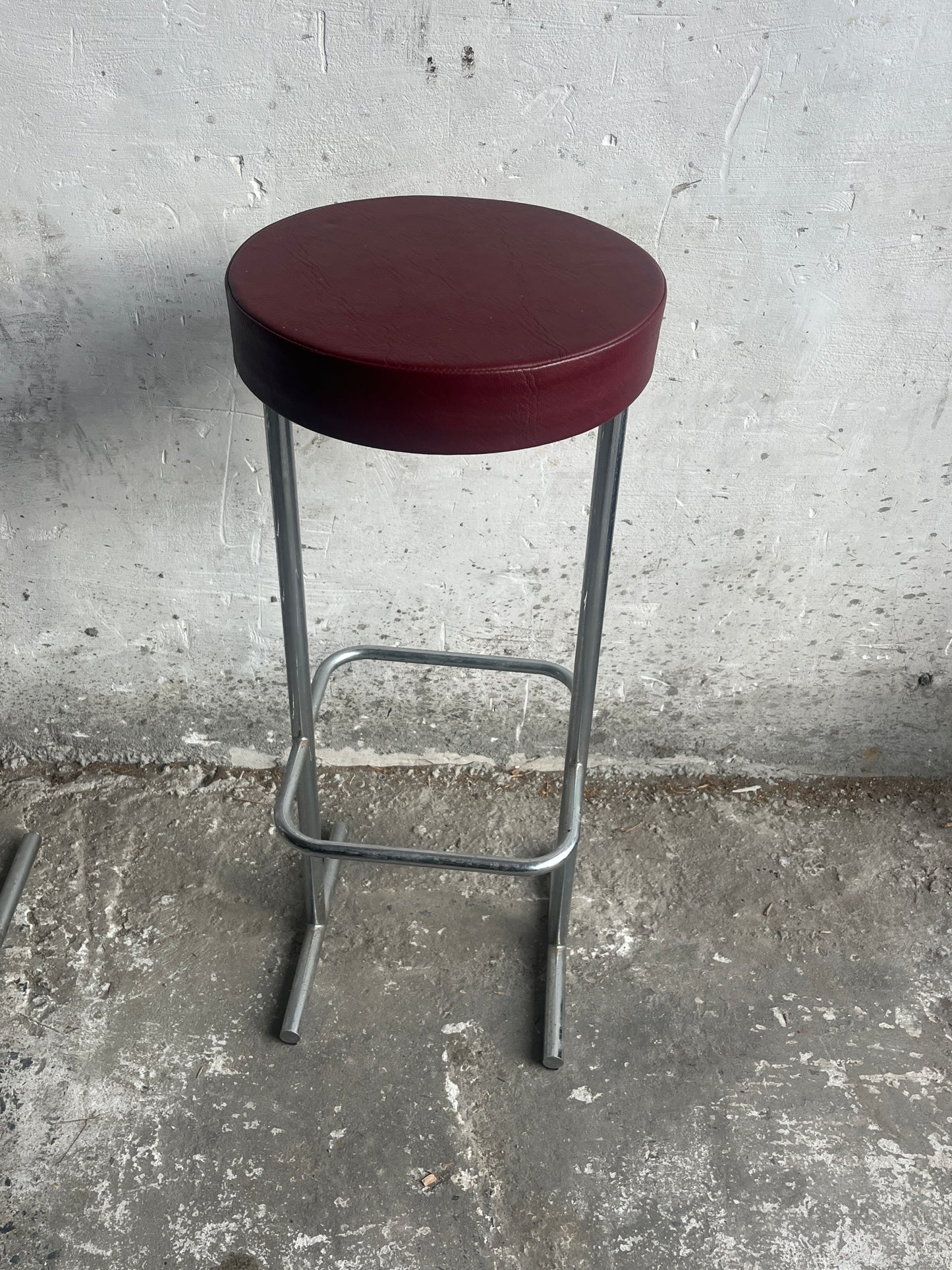 Set of 4 Industrial Bar Stools – Burgundy Seats (1980s)