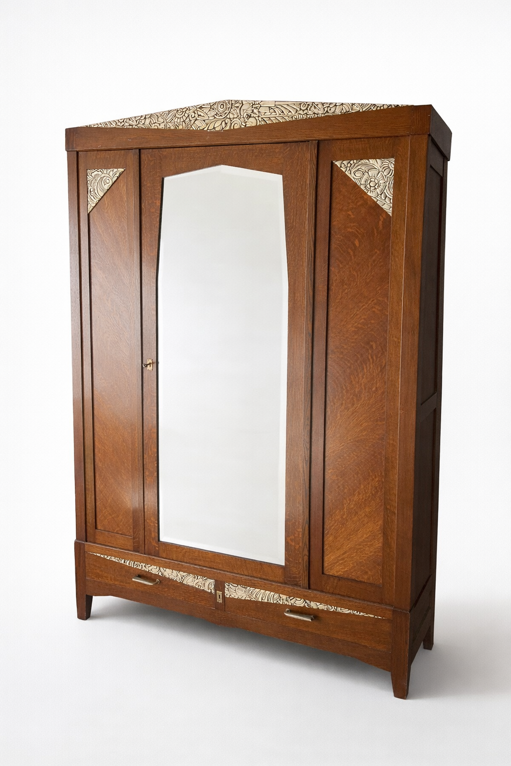 Art Deco Oak Wardrobe with Mirror & Carved Details