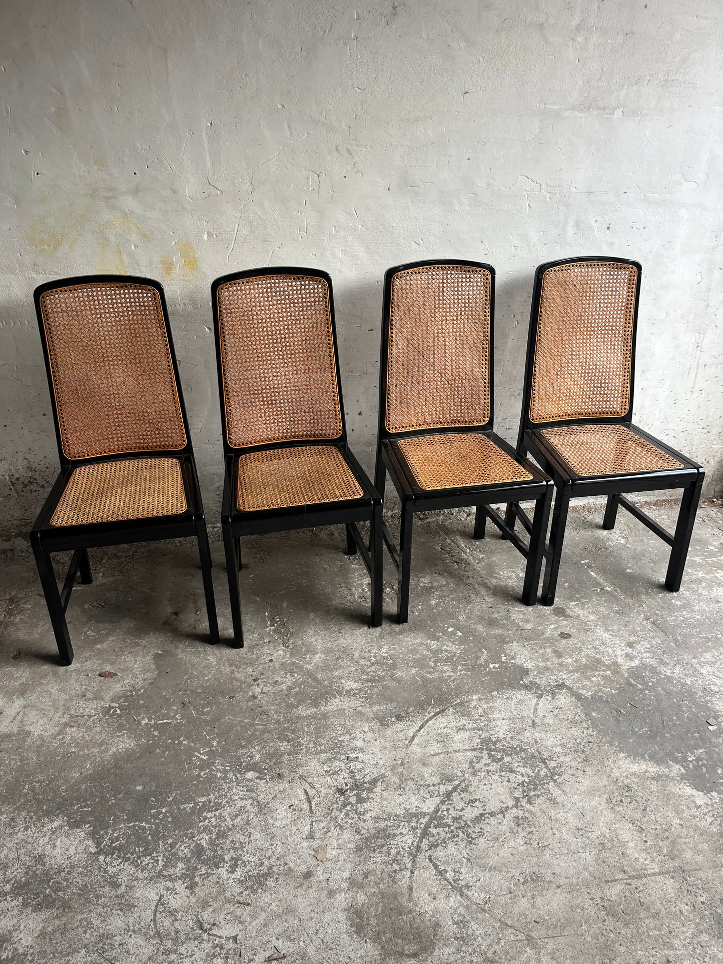 Set of 4 Black Lacquered Cane Dining Chairs, 1980s