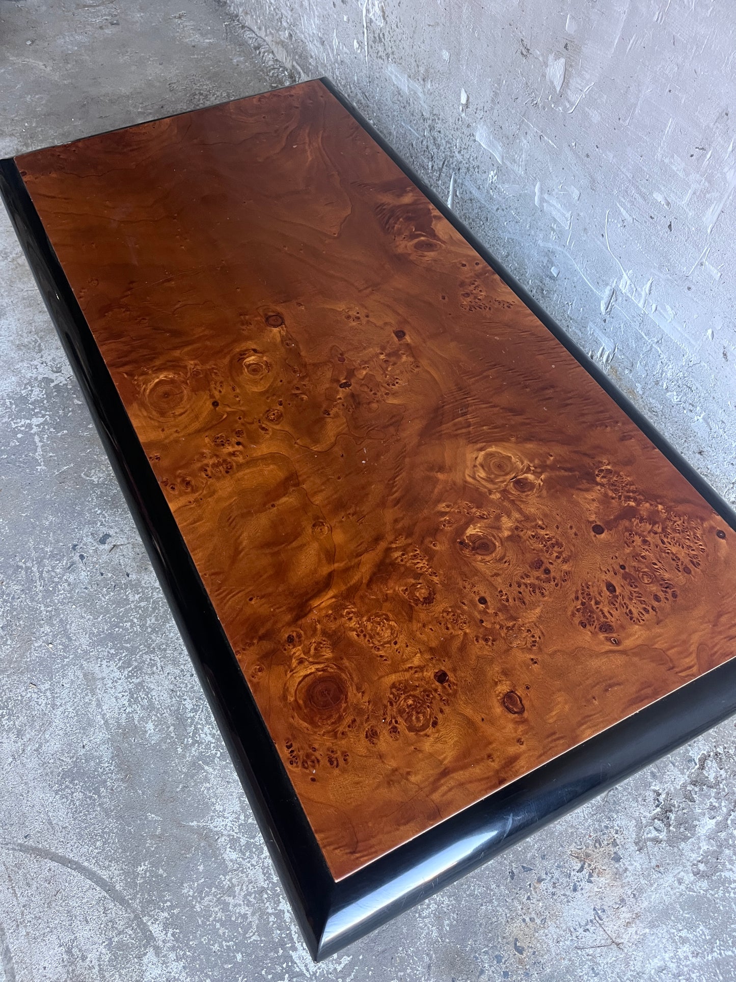 Vintage Burl Wood Coffee Table on Black Lacquered Base