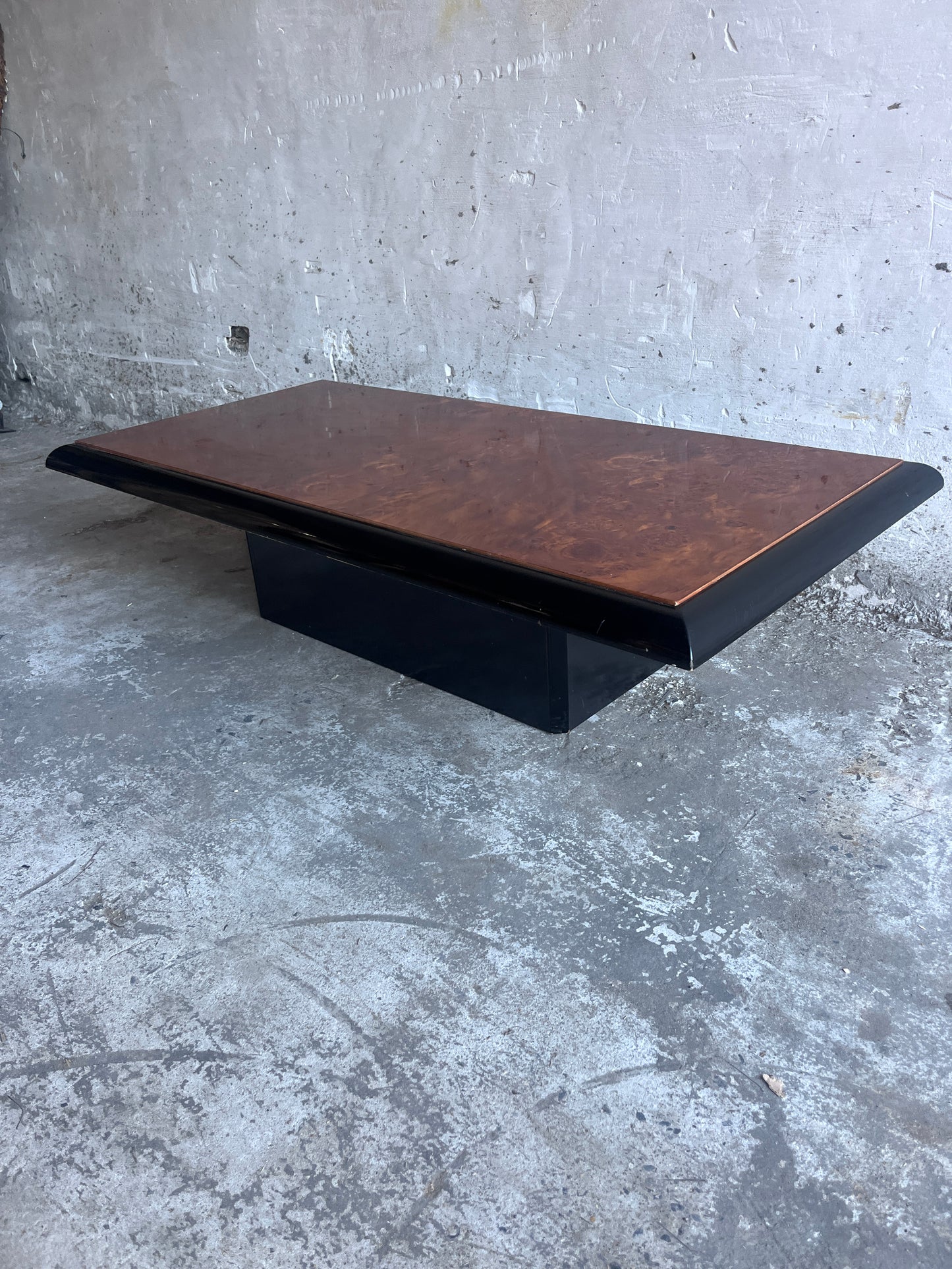 Vintage Burl Wood Coffee Table on Black Lacquered Base