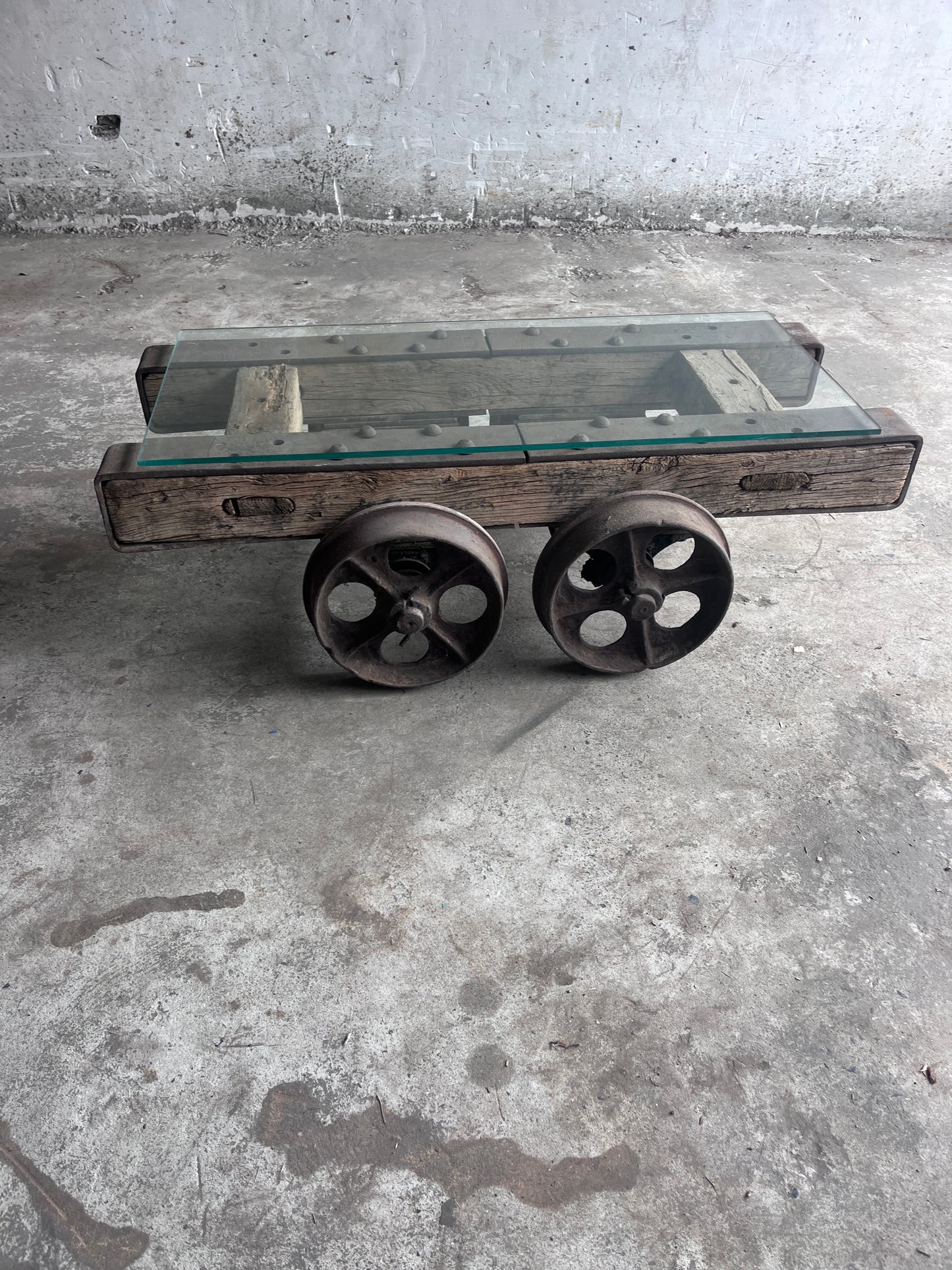 Industrial Railway Cart Coffee Table with Glass Top, Europe, Mid-20th Centur