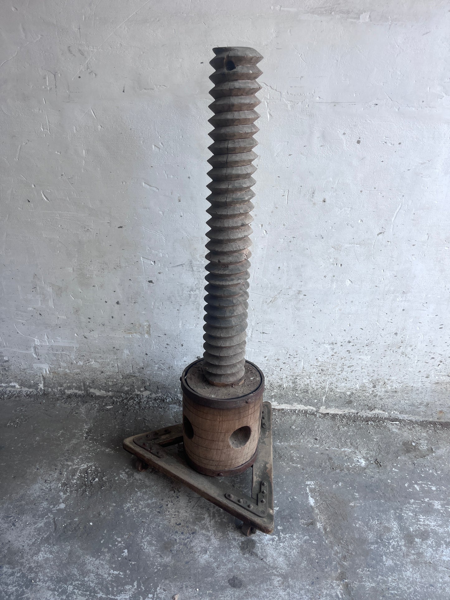 Monumental Antique Wooden Screw Press on Triangular Wheeled Base