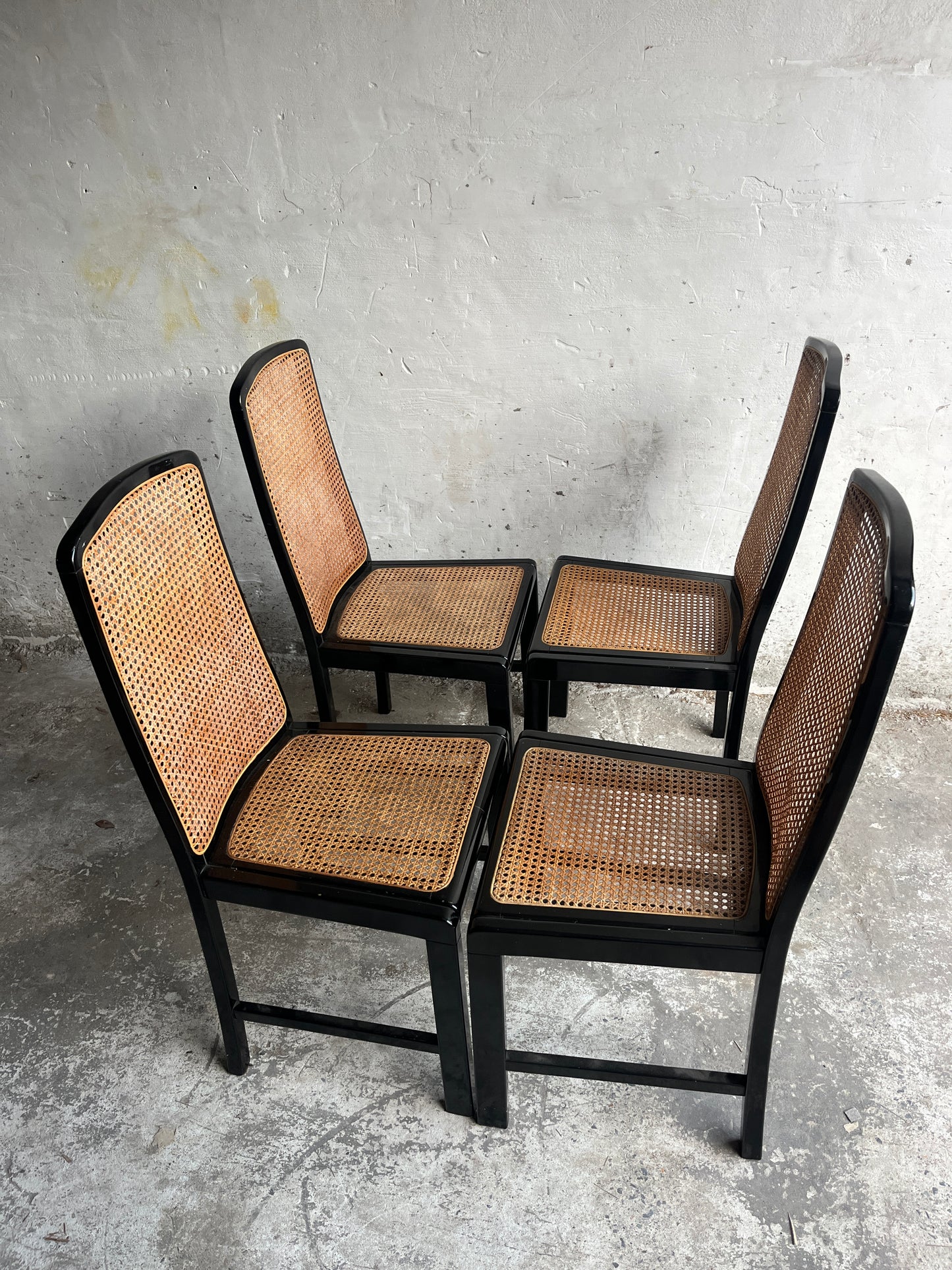 Set of 4 Black Lacquered Cane Dining Chairs, 1980s