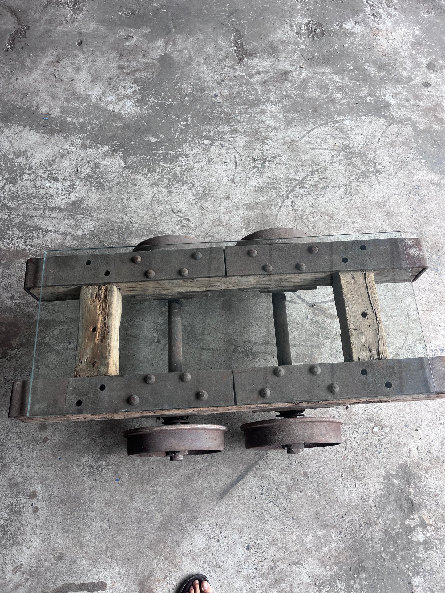 Industrial Railway Cart Coffee Table with Glass Top, Europe, Mid-20th Centur