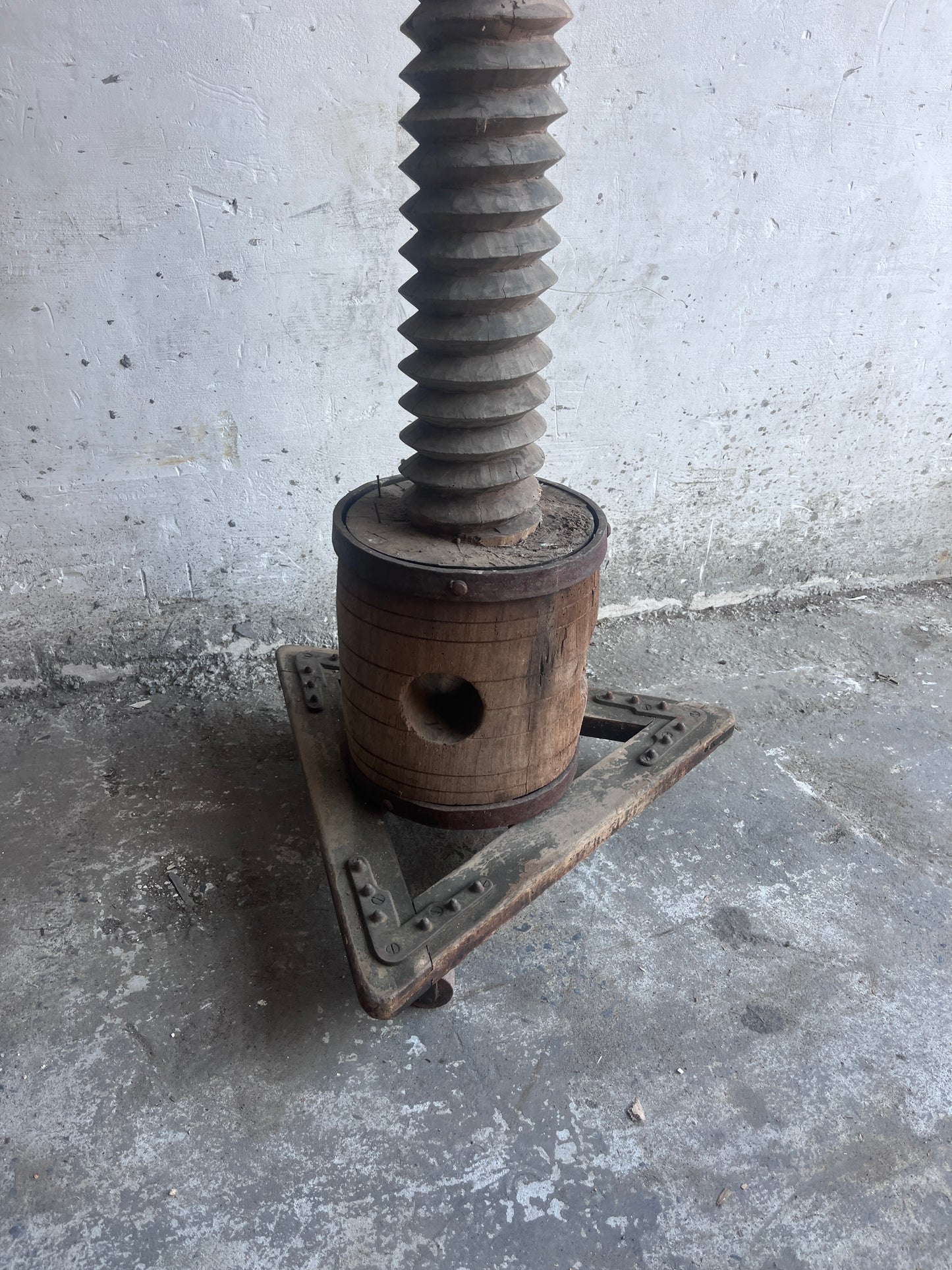 Monumental Antique Wooden Screw Press on Triangular Wheeled Base