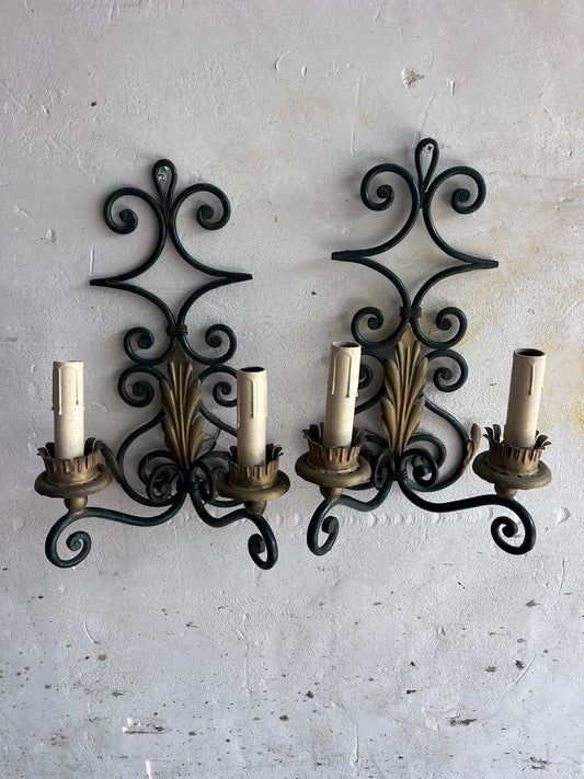 Pair of Wrought Iron Wall Sconces with Gilt Leaf Motifs