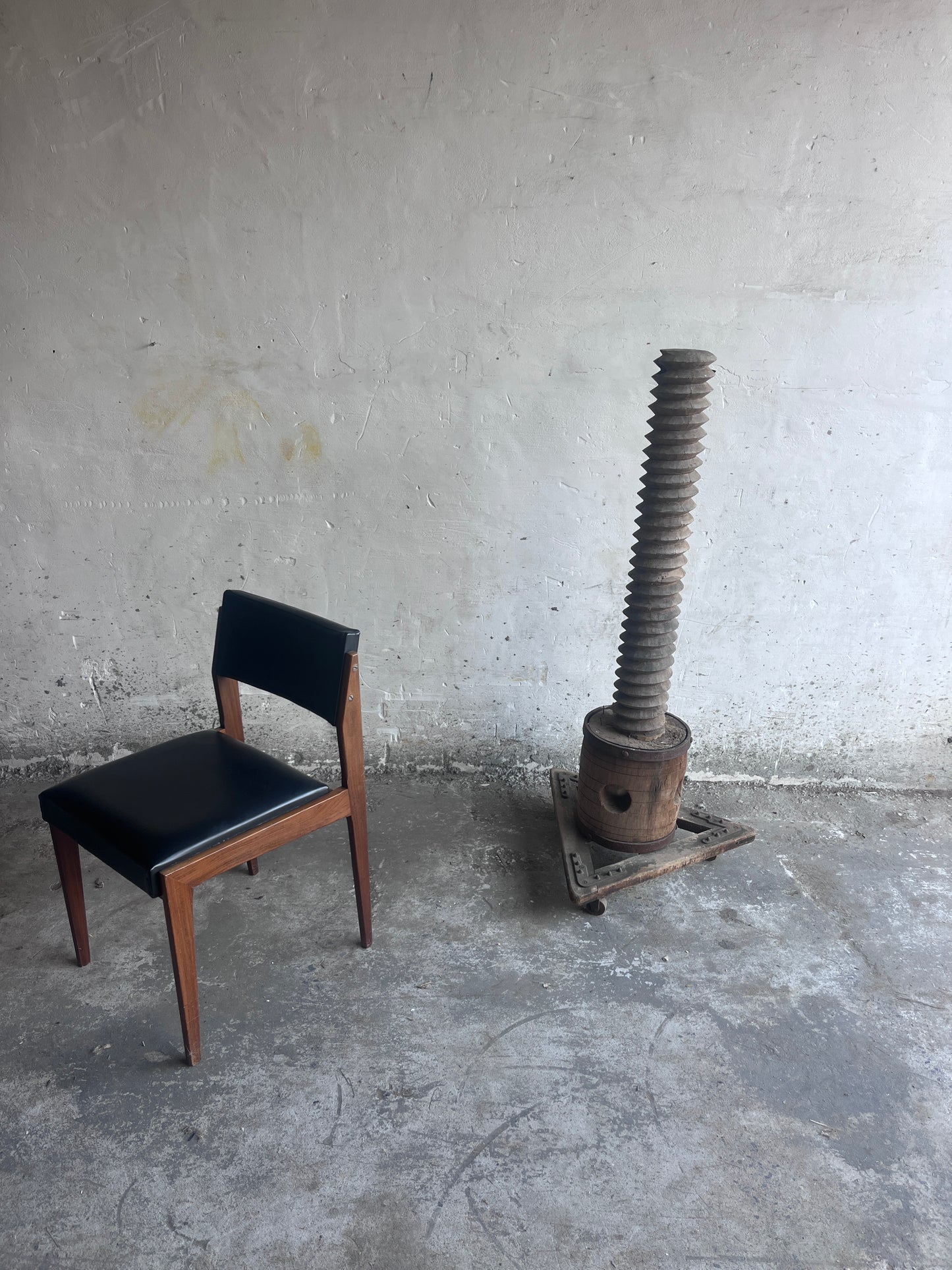 Monumental Antique Wooden Screw Press on Triangular Wheeled Base