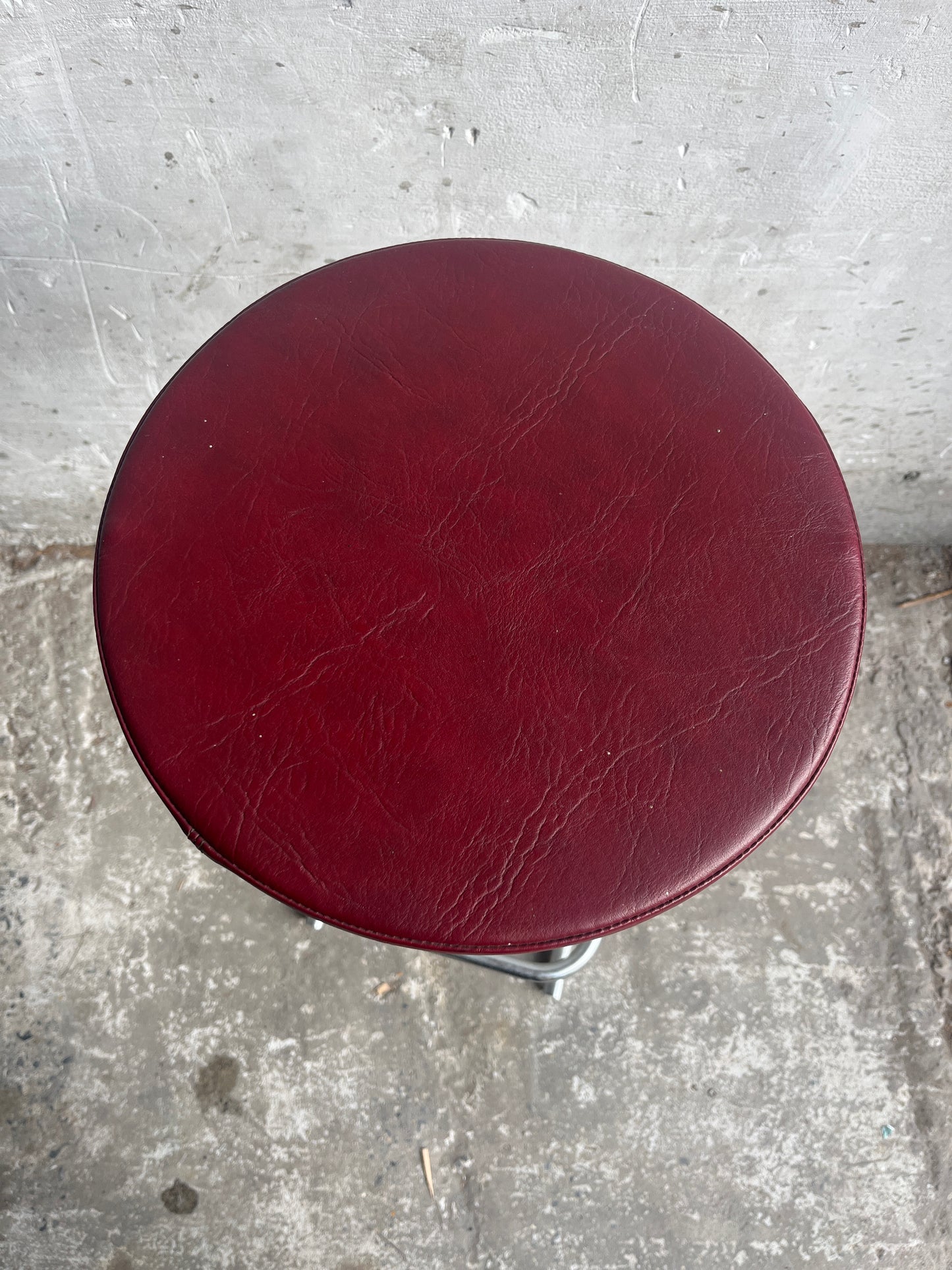 Set of 4 Industrial Bar Stools – Burgundy Seats (1980s)