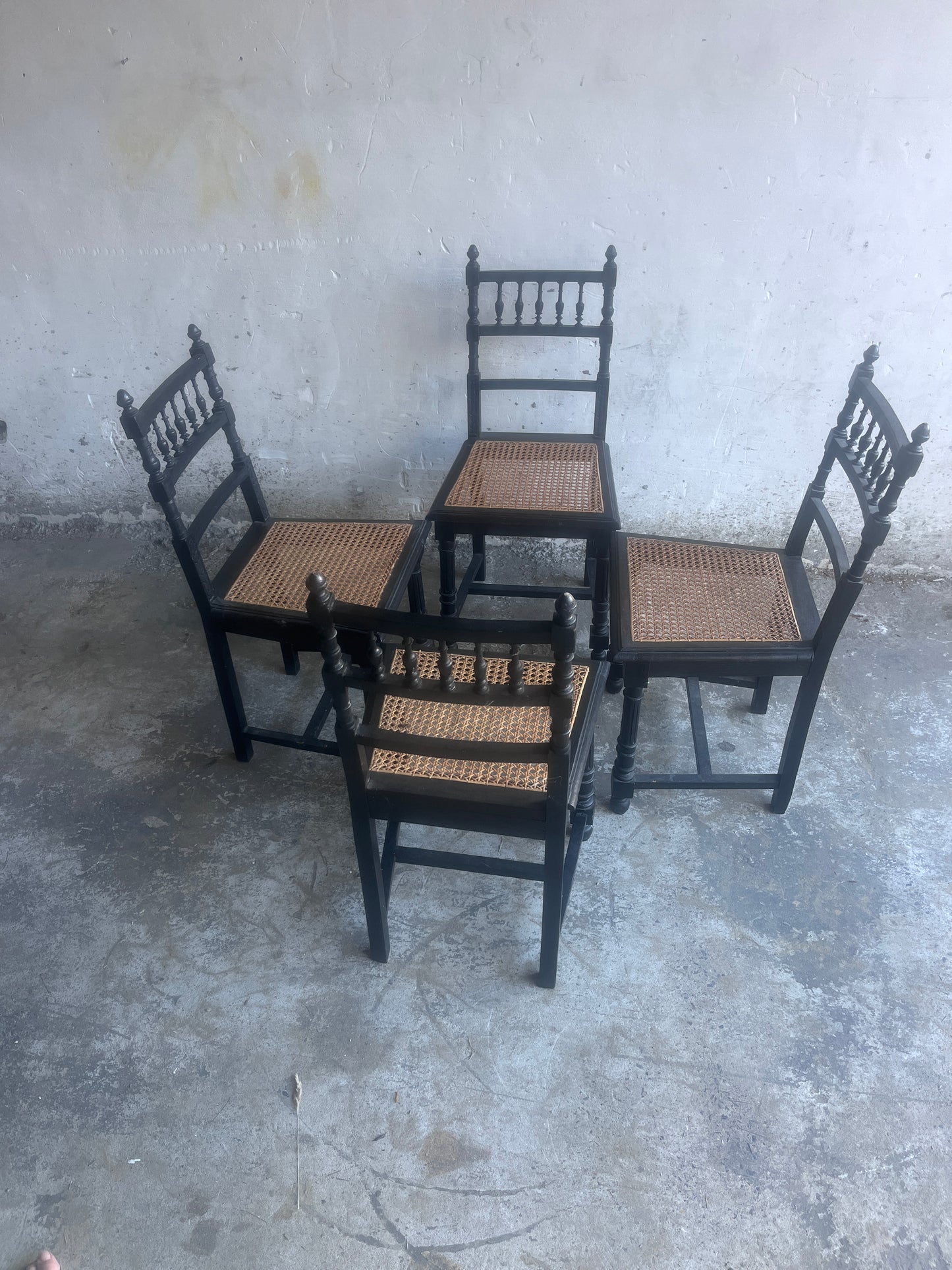 Set of 4 Ebonized Dining Chairs with Handwoven Cane Seats, Early 20th Century