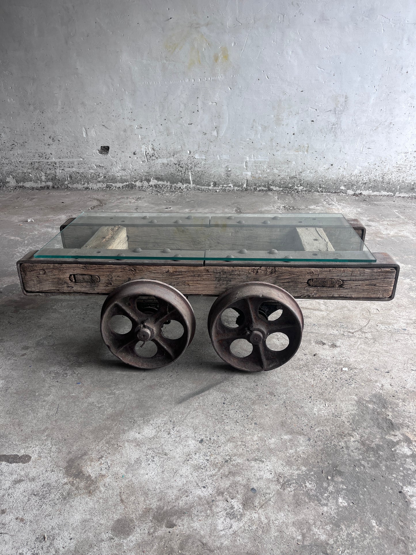 Industrial Railway Cart Coffee Table with Glass Top, Europe, Mid-20th Centur