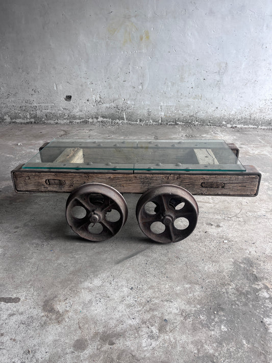 Industrial Railway Cart Coffee Table with Glass Top, Europe, Mid-20th Centur