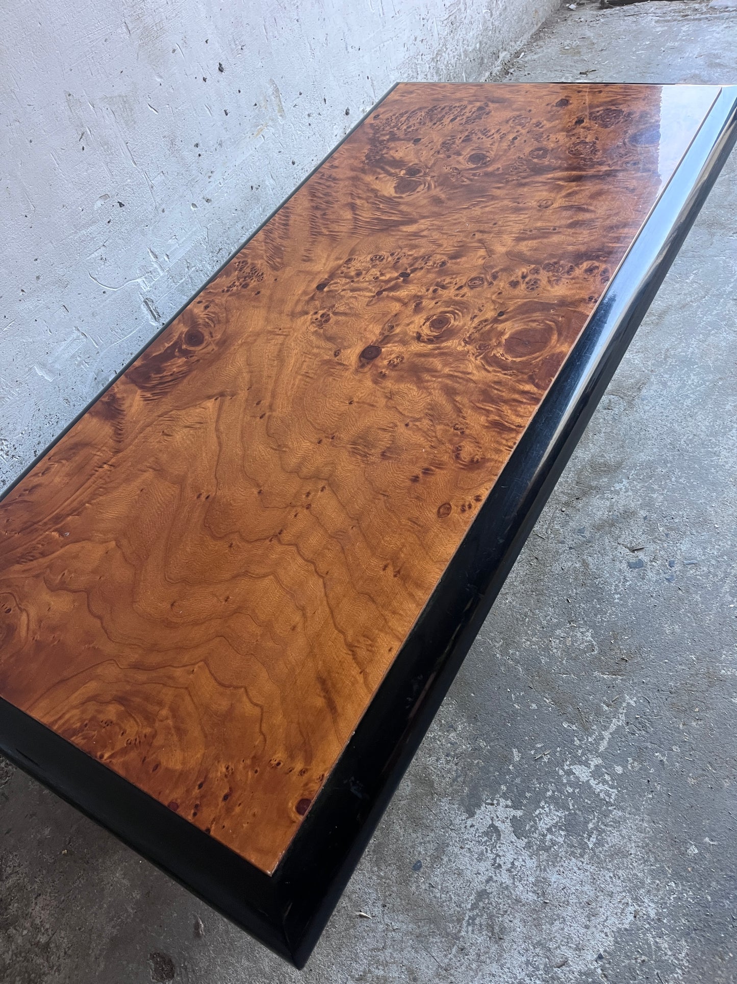 Vintage Burl Wood Coffee Table on Black Lacquered Base