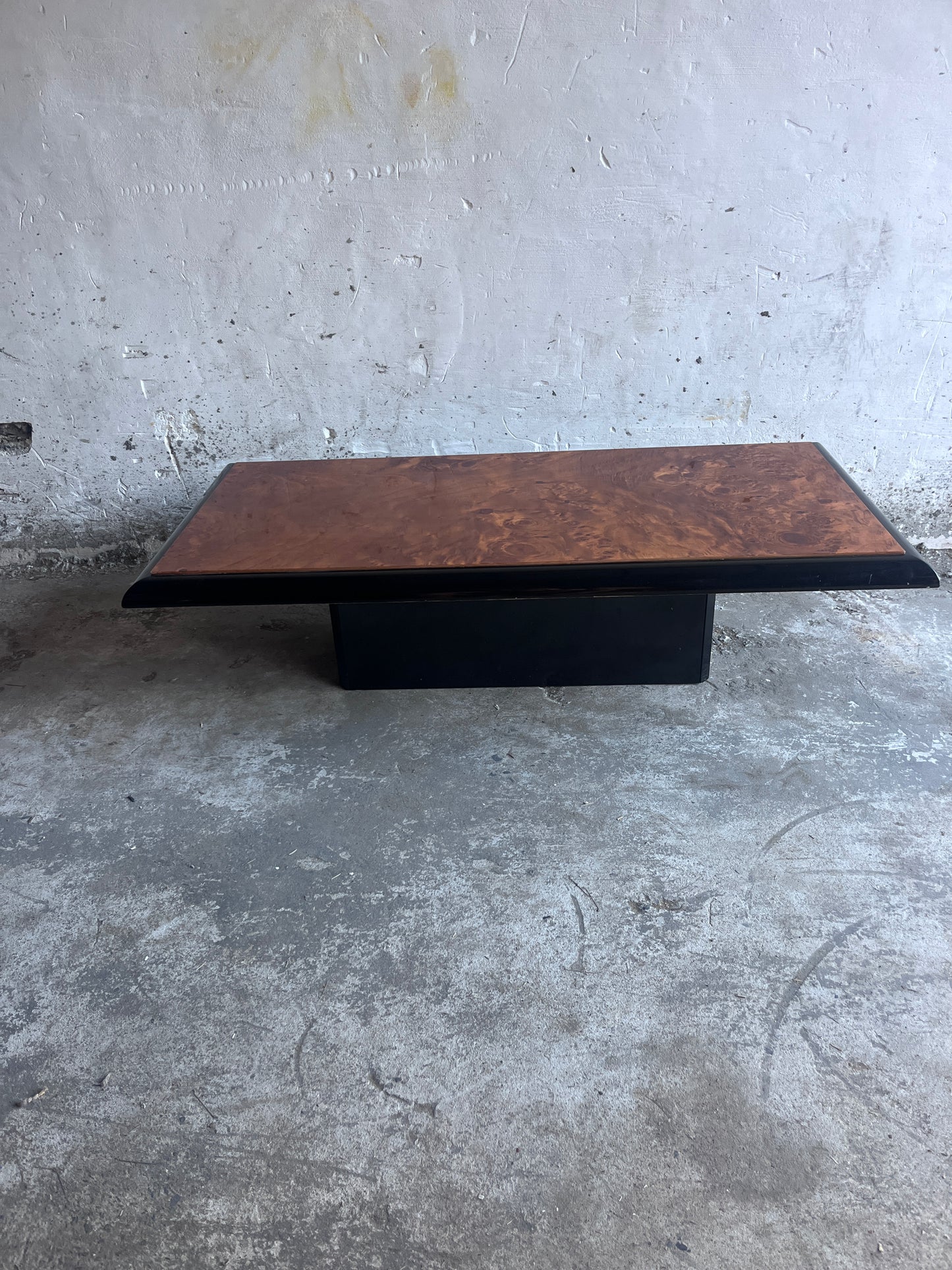 Vintage Burl Wood Coffee Table on Black Lacquered Base