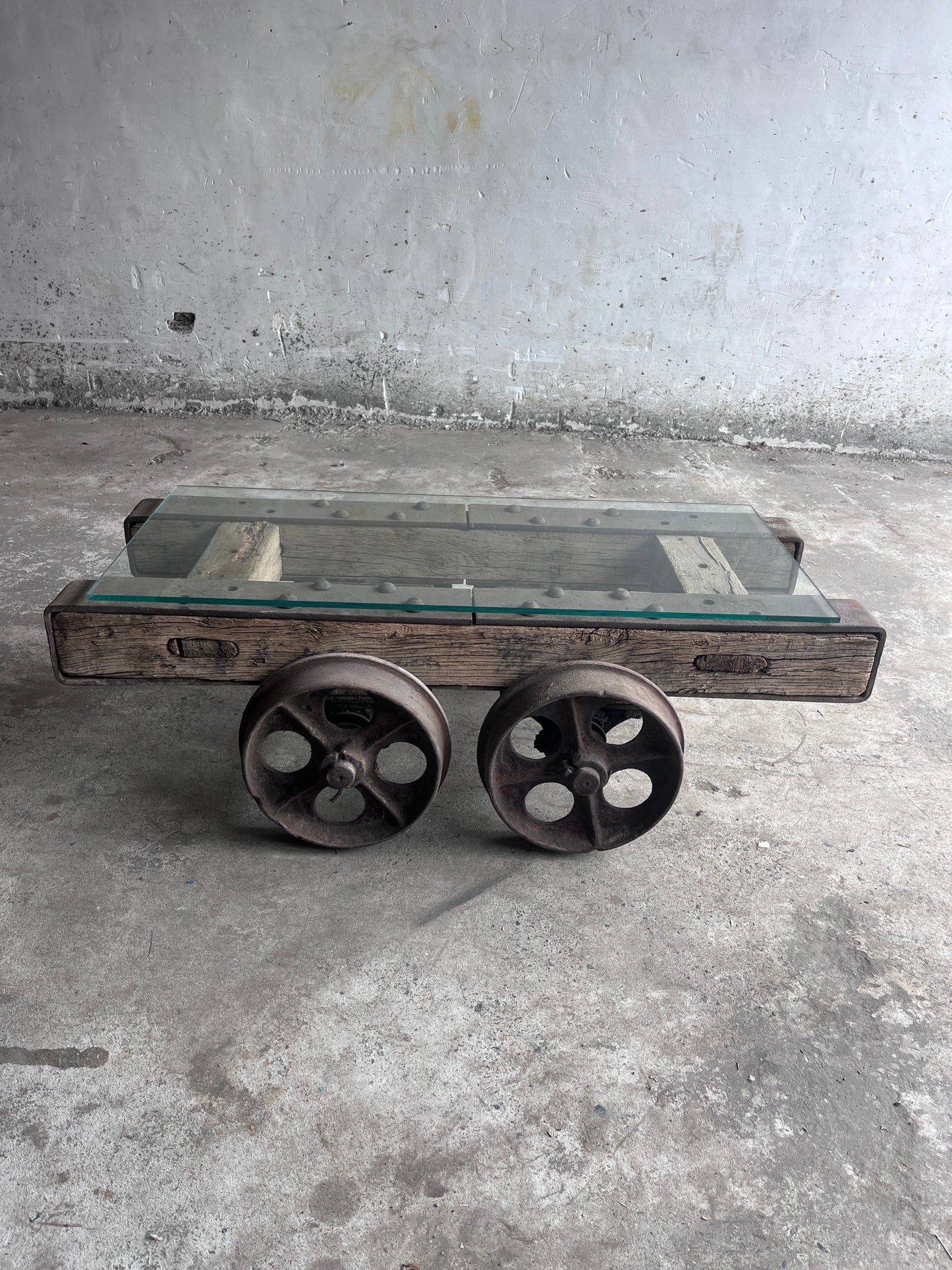 Industrial Railway Cart Coffee Table with Glass Top, Europe, Mid-20th Centur