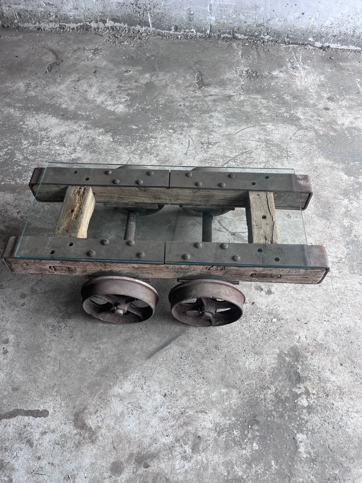 Industrial Railway Cart Coffee Table with Glass Top, Europe, Mid-20th Centur