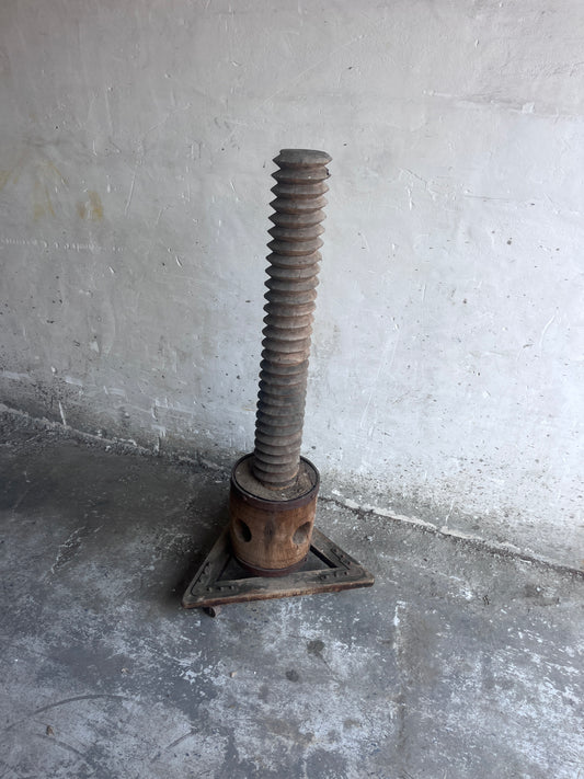 Monumental Antique Wooden Screw Press on Triangular Wheeled Base