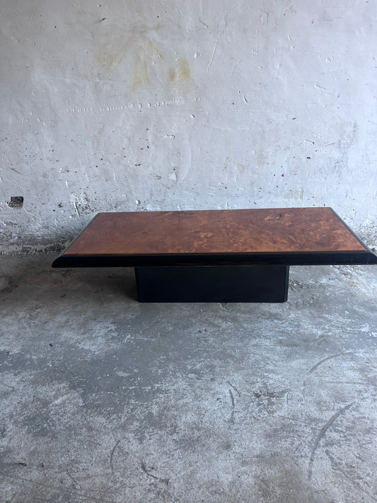 Vintage Burl Wood Coffee Table on Black Lacquered Base