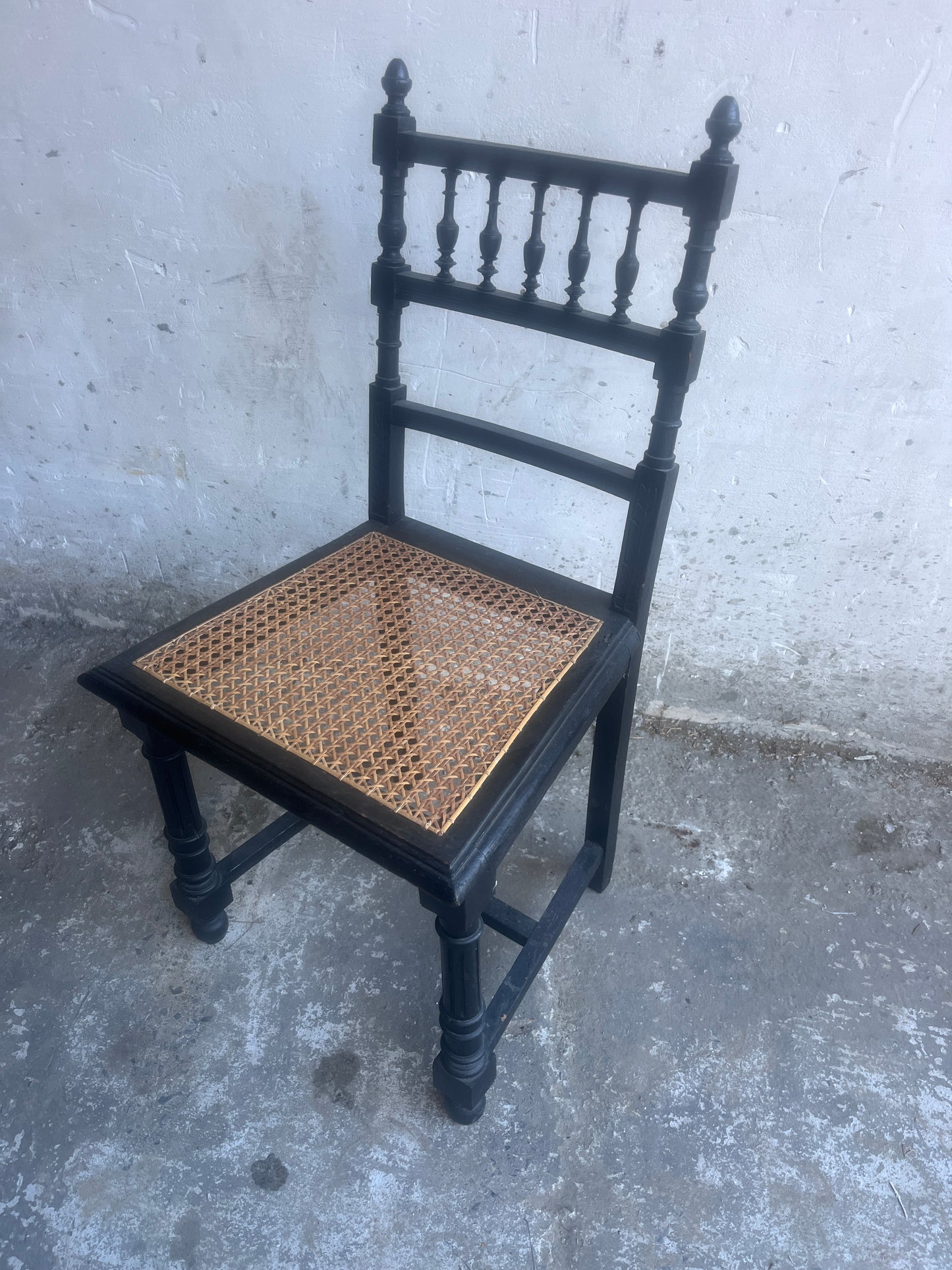 Set of 4 Ebonized Dining Chairs with Handwoven Cane Seats, Early 20th Century