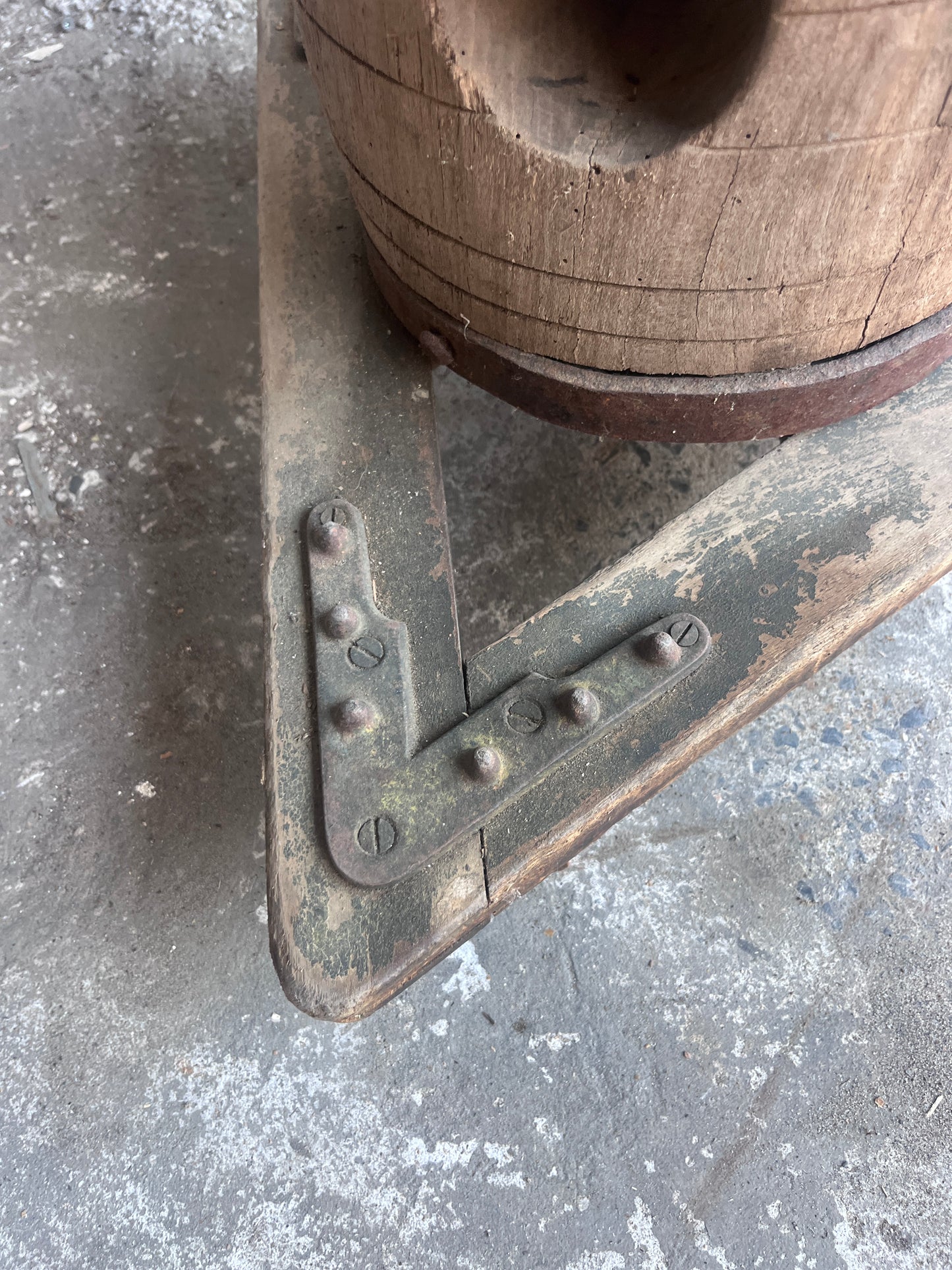 Monumental Antique Wooden Screw Press on Triangular Wheeled Base