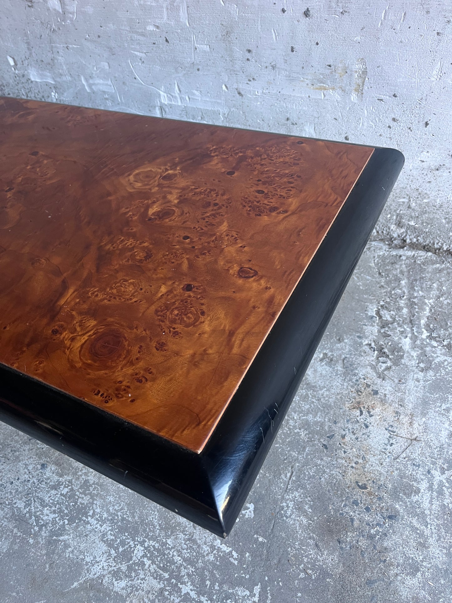 Vintage Burl Wood Coffee Table on Black Lacquered Base