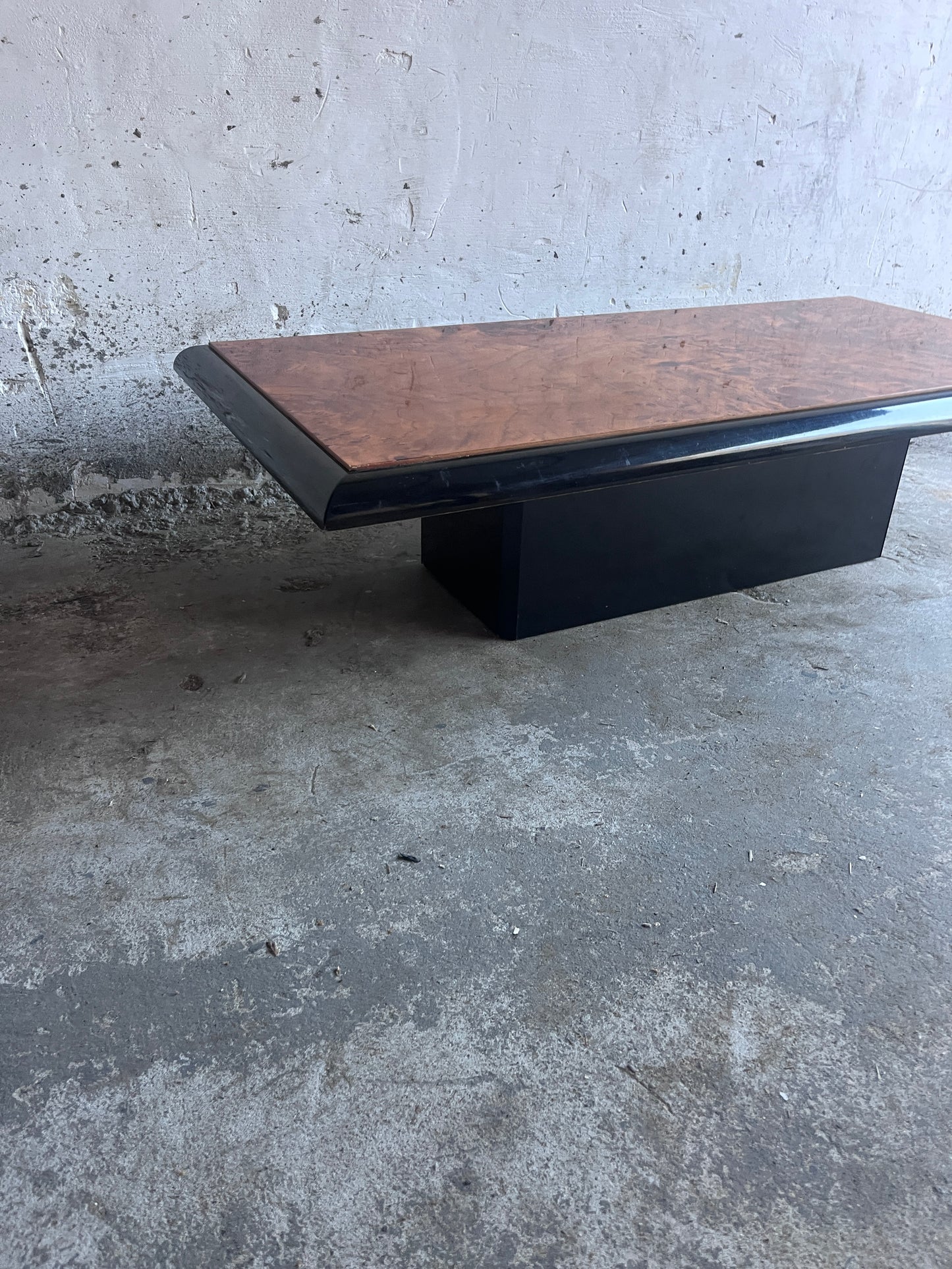 Vintage Burl Wood Coffee Table on Black Lacquered Base