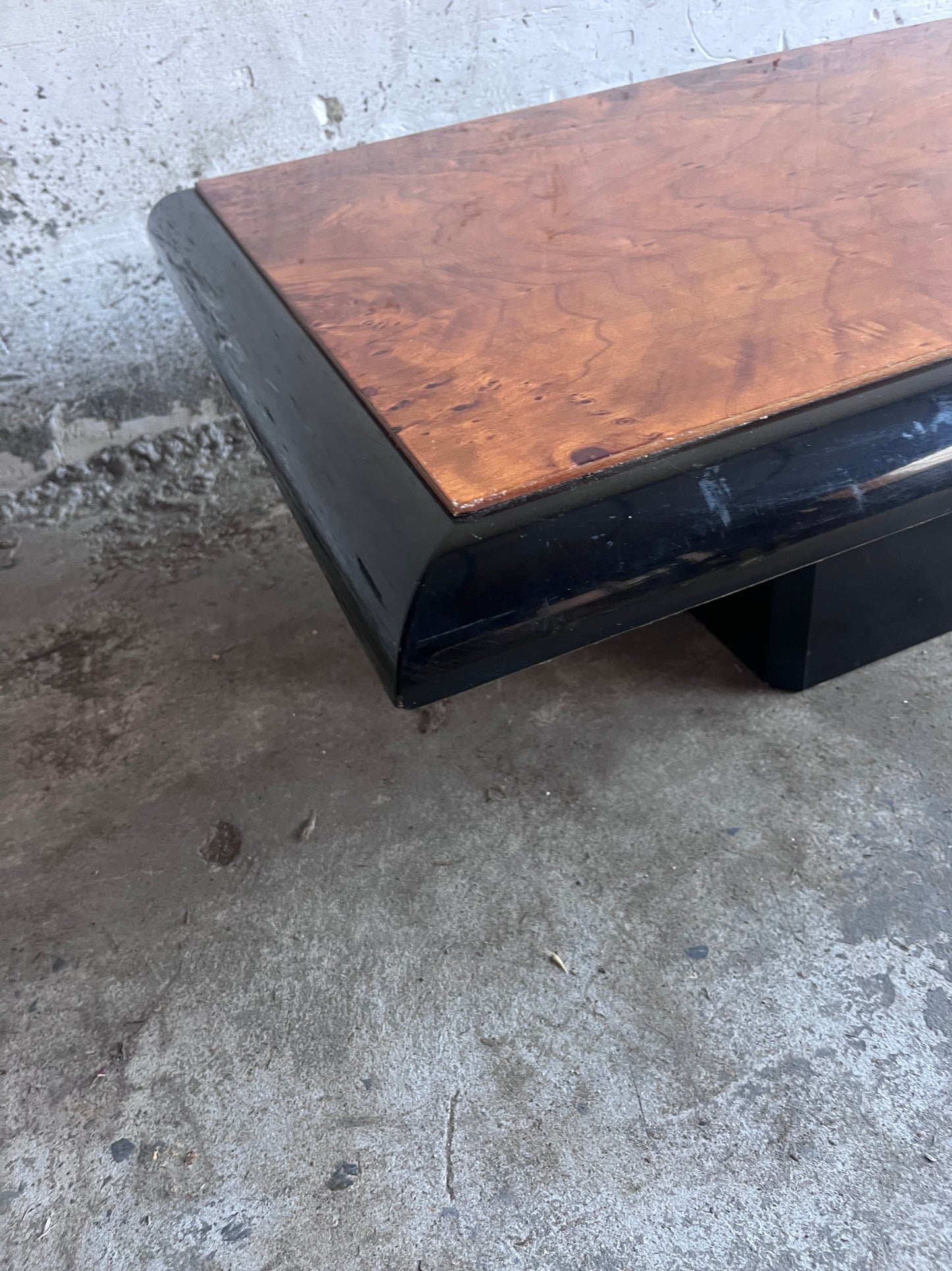 Vintage Burl Wood Coffee Table on Black Lacquered Base