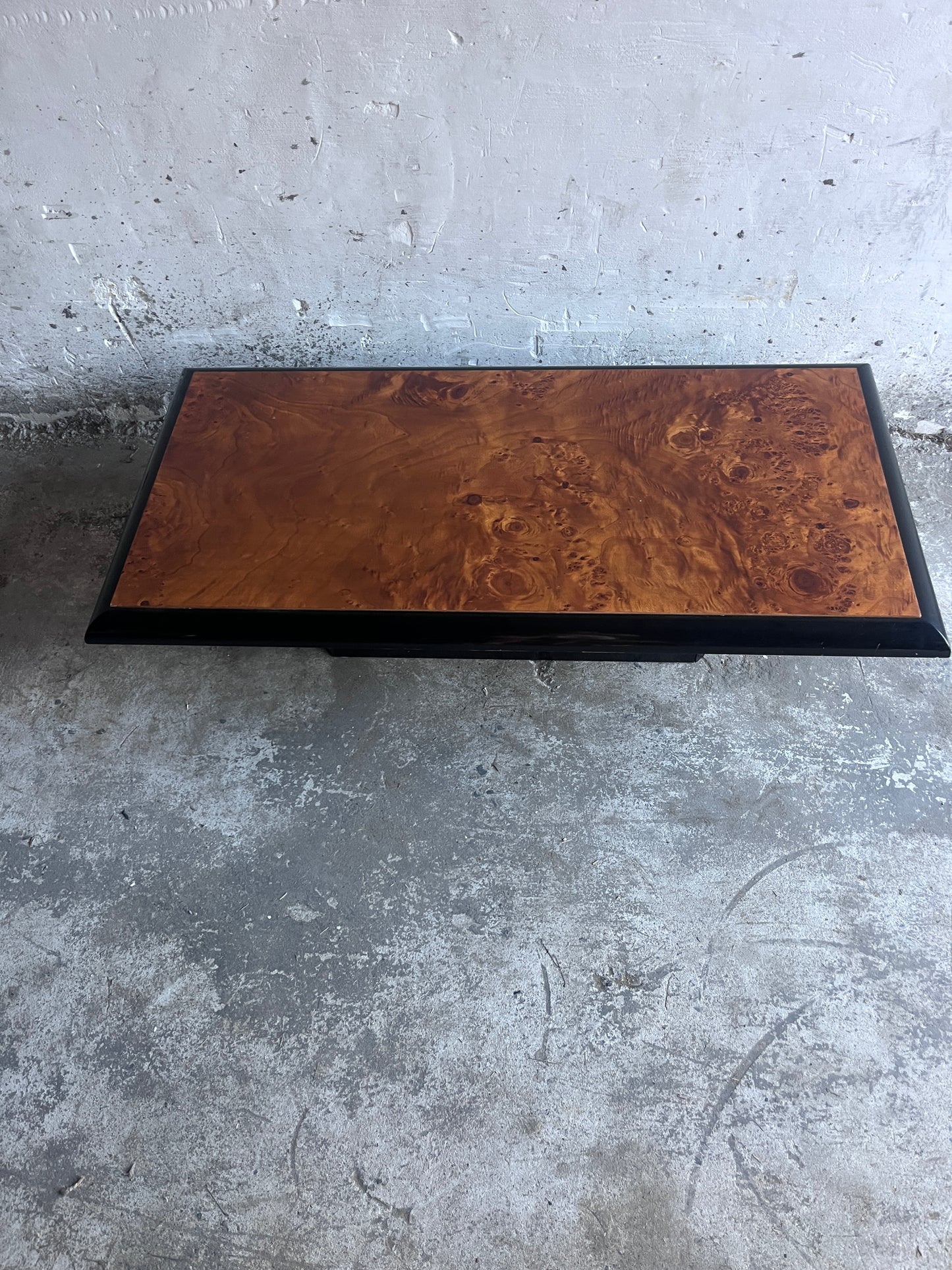 Vintage Burl Wood Coffee Table on Black Lacquered Base