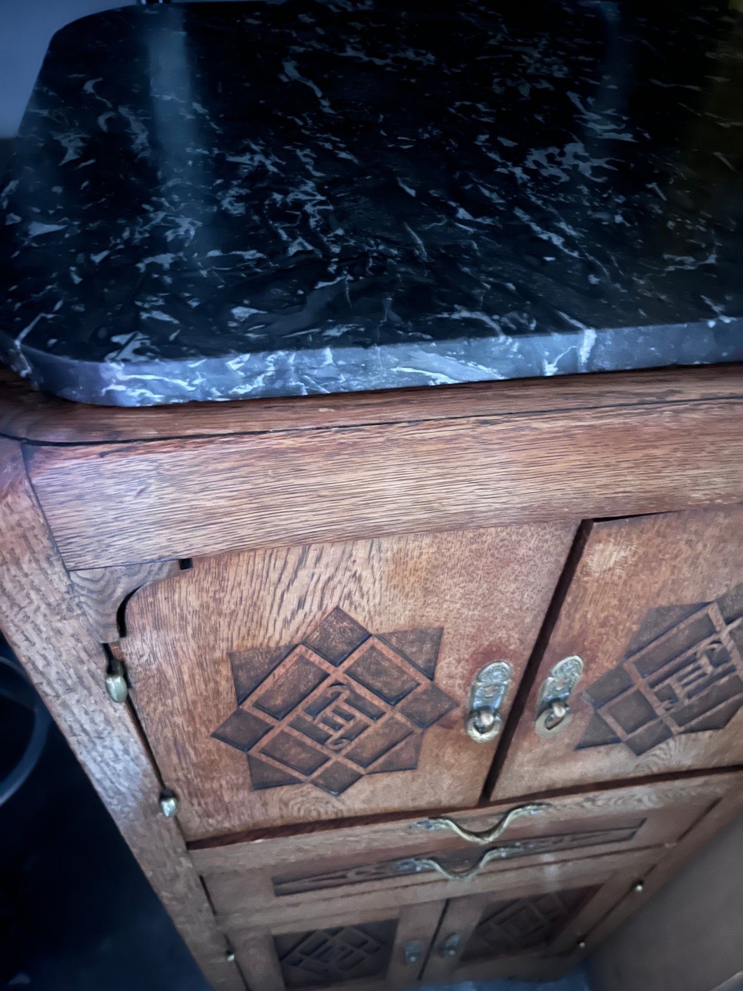 French Art Deco Oak Cabinet with Marble Top, circa 1930