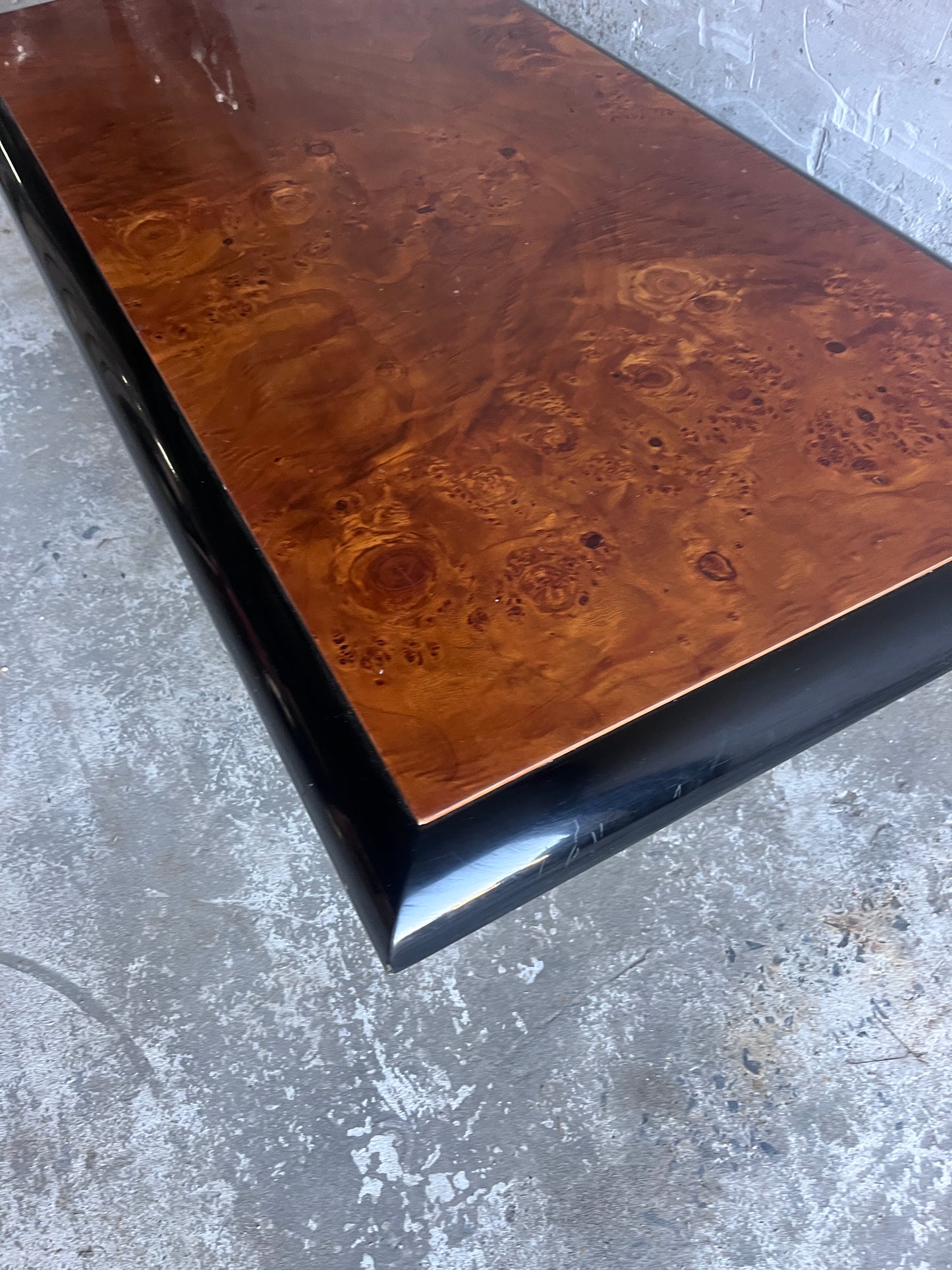 Vintage Burl Wood Coffee Table on Black Lacquered Base