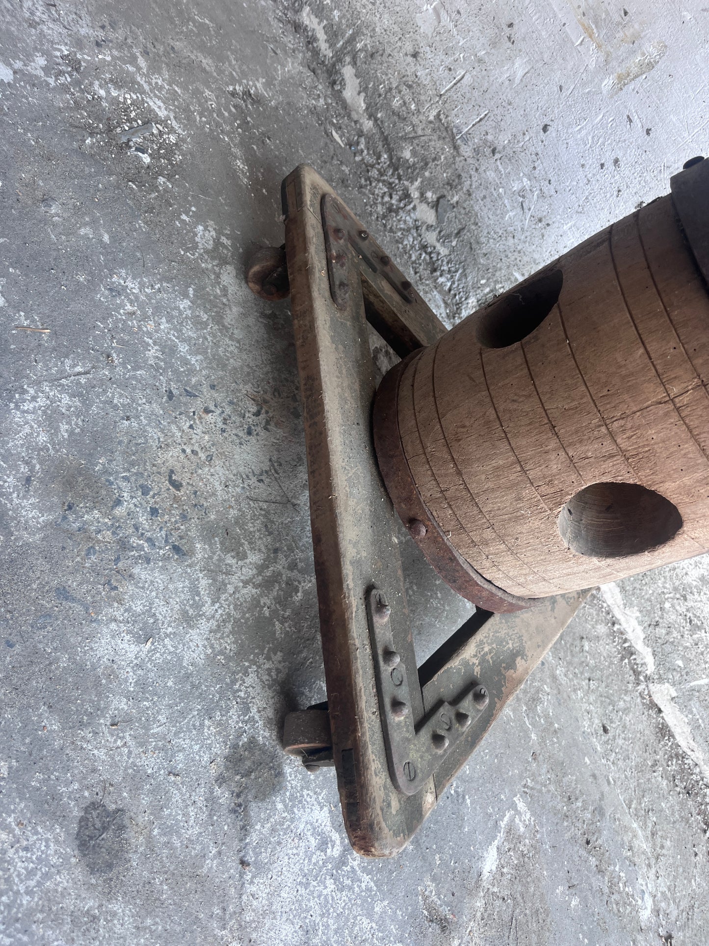 Monumental Antique Wooden Screw Press on Triangular Wheeled Base