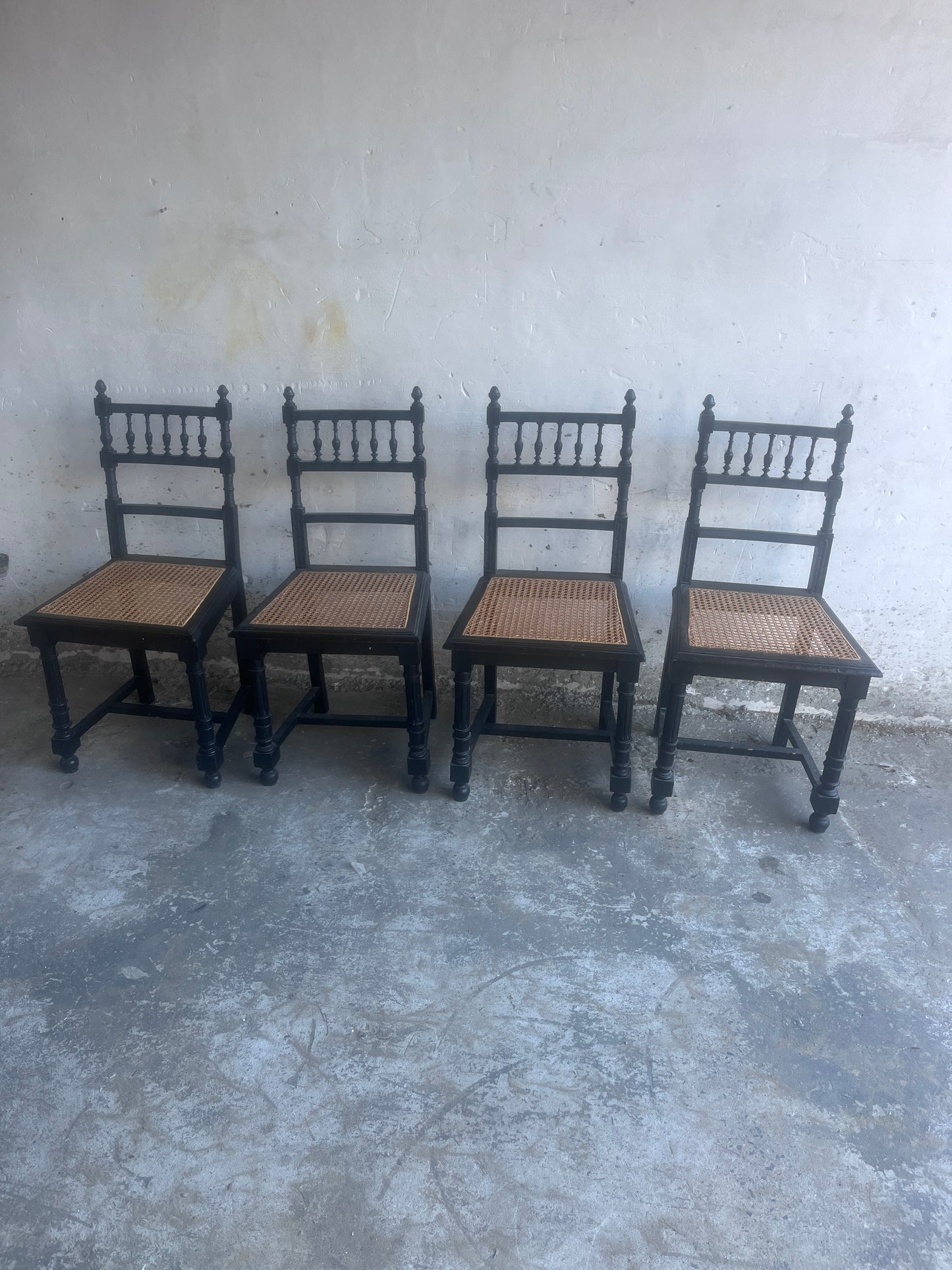Set of 4 Ebonized Dining Chairs with Handwoven Cane Seats, Early 20th Century