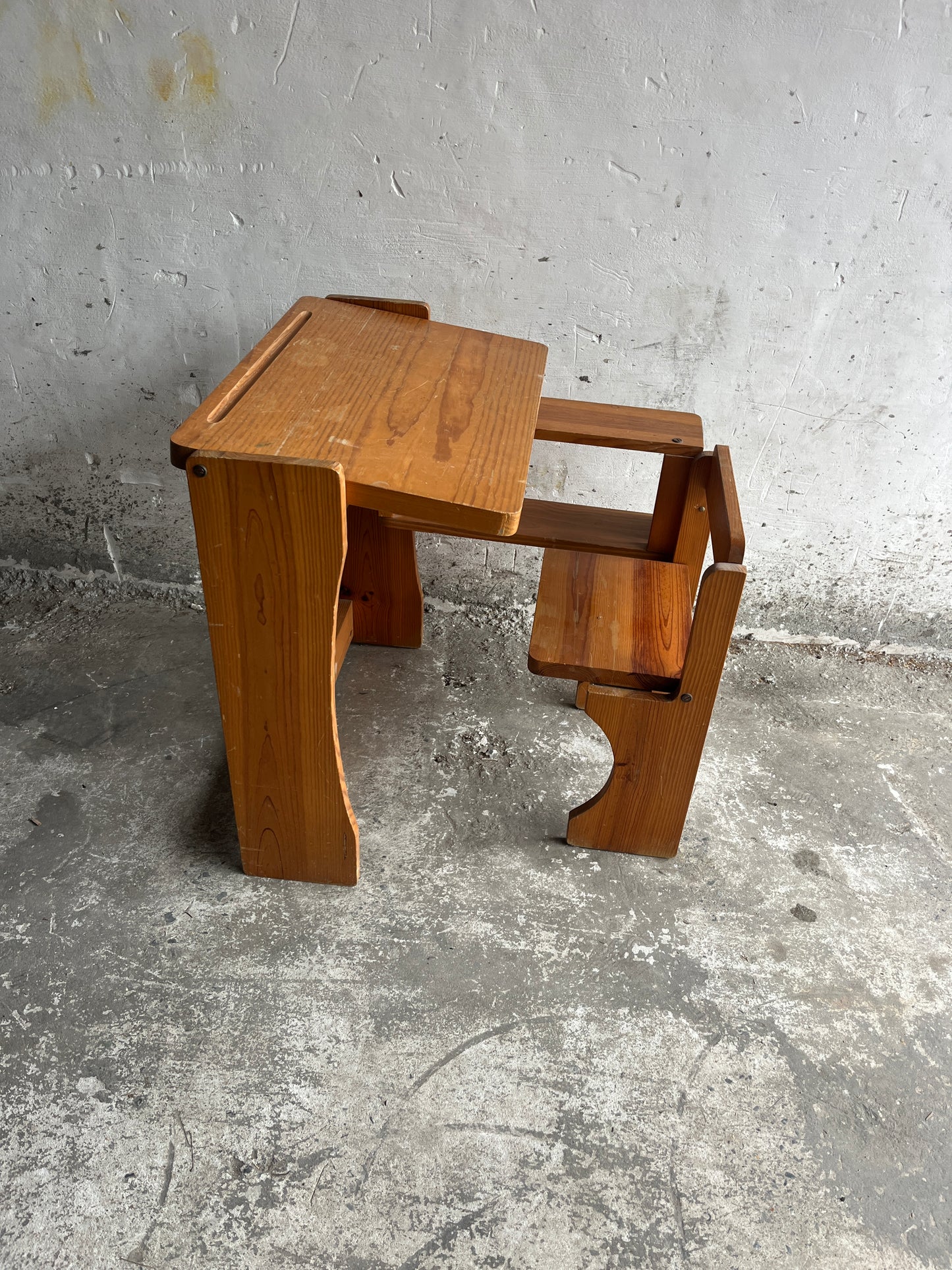 Vintage Folding Wooden School Desk with Bench – 1960s