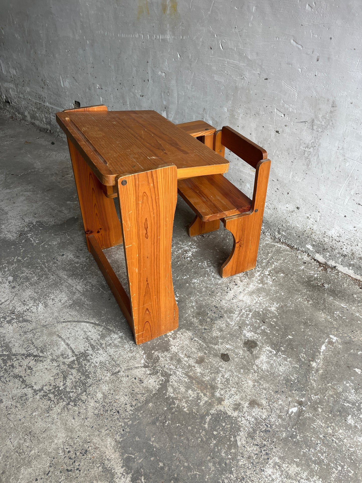 Vintage Folding Wooden School Desk with Bench – 1960s