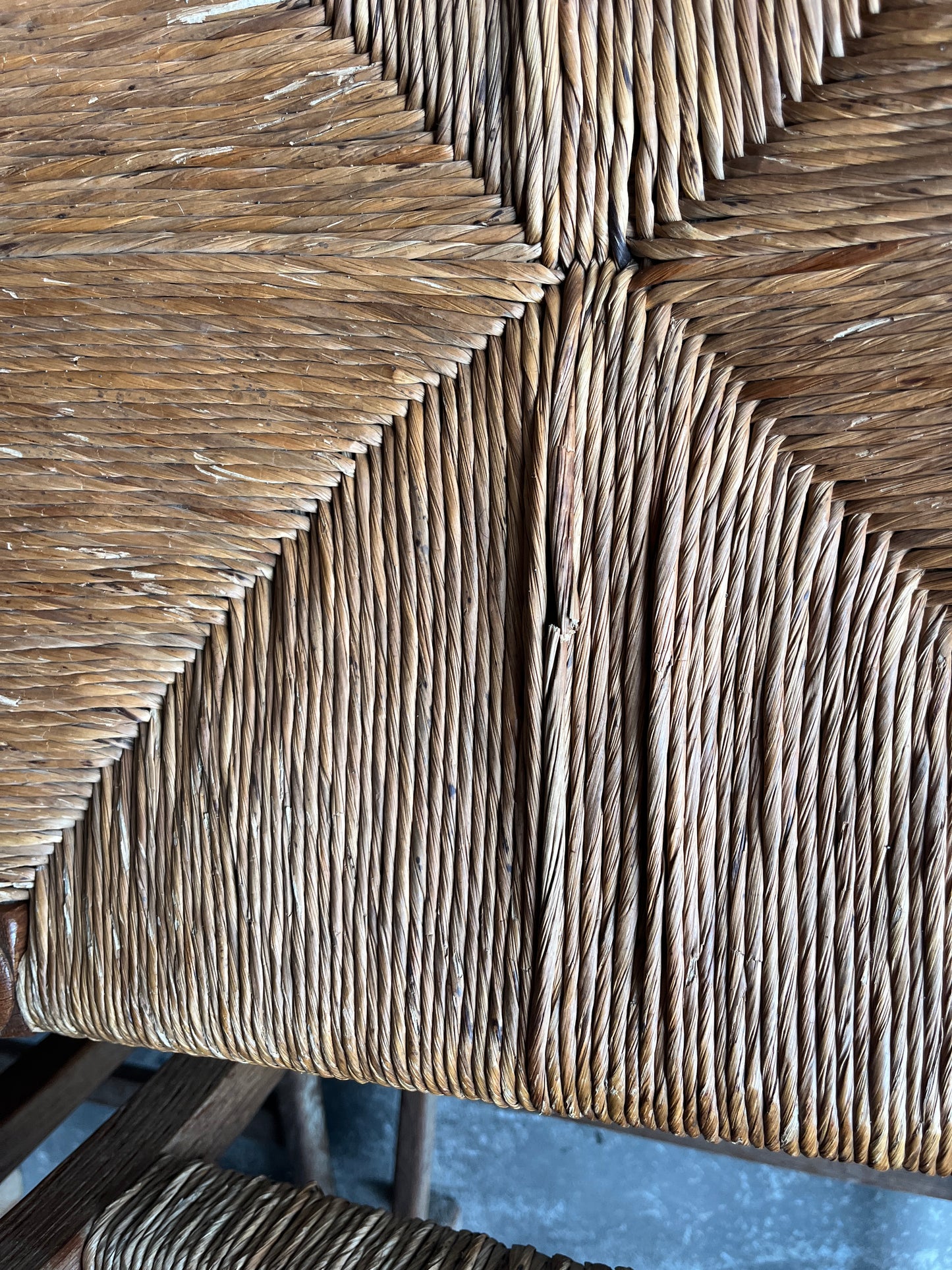 Set of 6 Carved Oak Rush Seat Chairs – 1950s