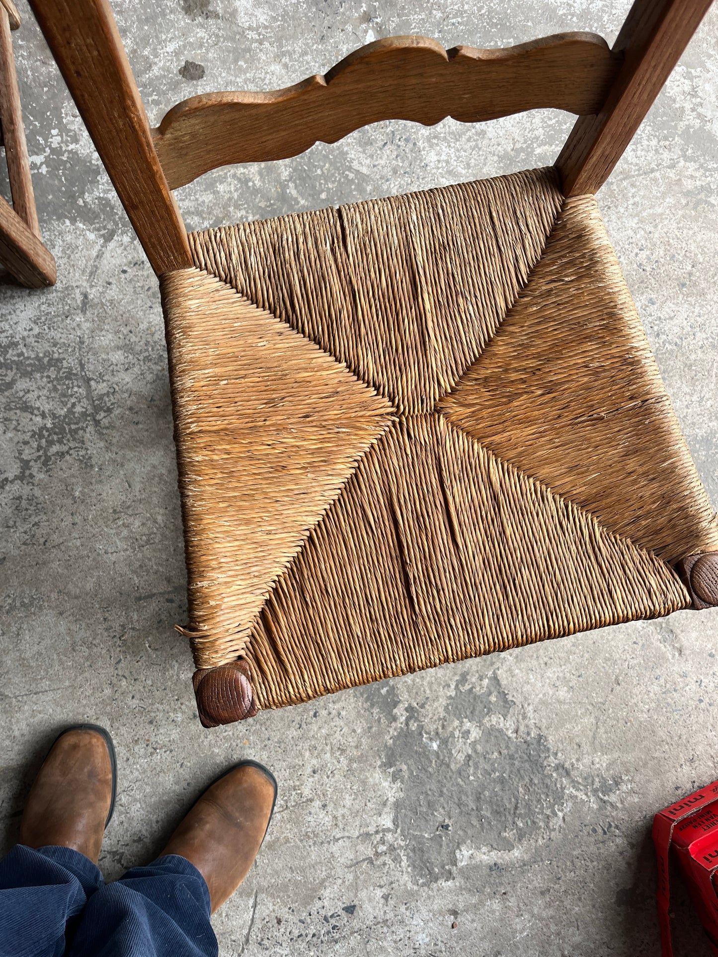 Set of 6 Carved Oak Rush Seat Chairs – 1950s