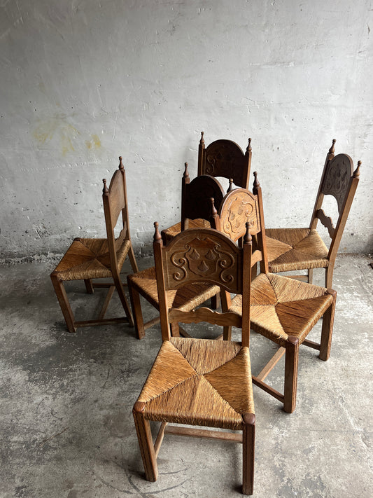 Set of 6 Carved Oak Rush Seat Chairs – 1950s