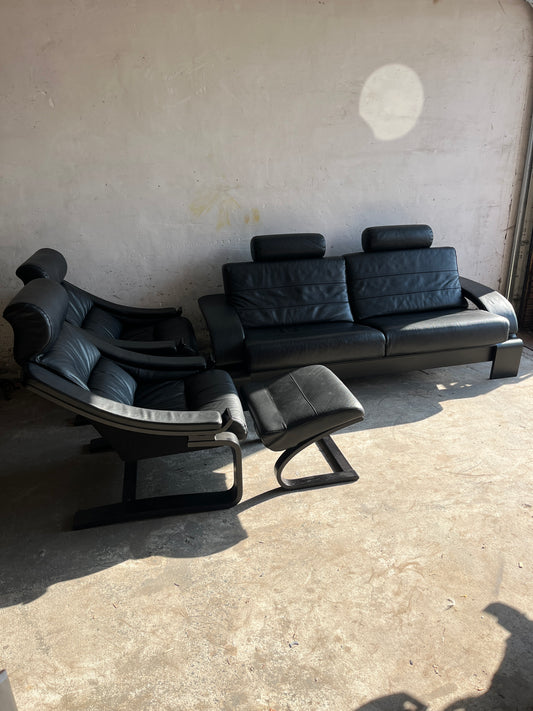 Nelo Kroken Sofa Set 4pc Black Leather 1970s