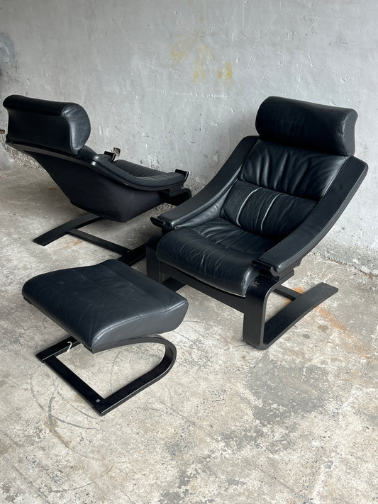 Nelo Kroken Lounge Chairs Set 3pc Black Leather 1970s