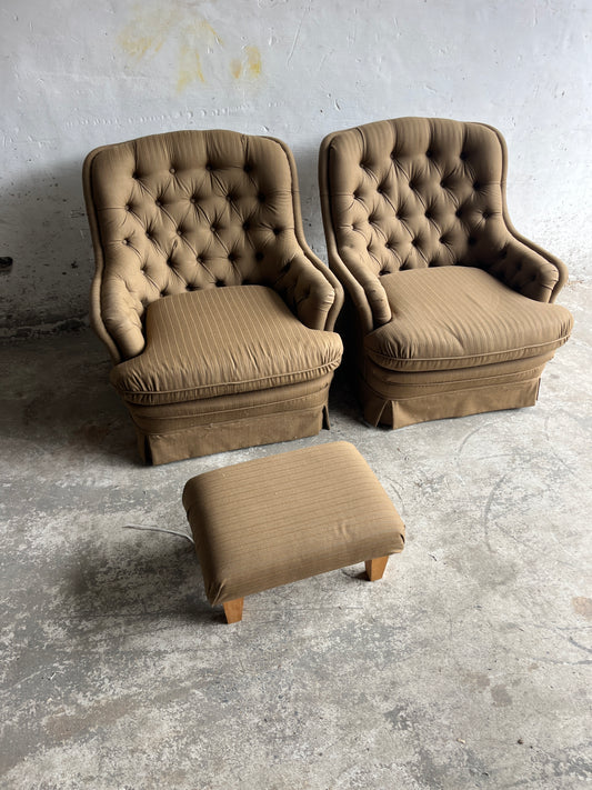 Pair of Tufted Lounge Armchairs with Ottoman, 1970s