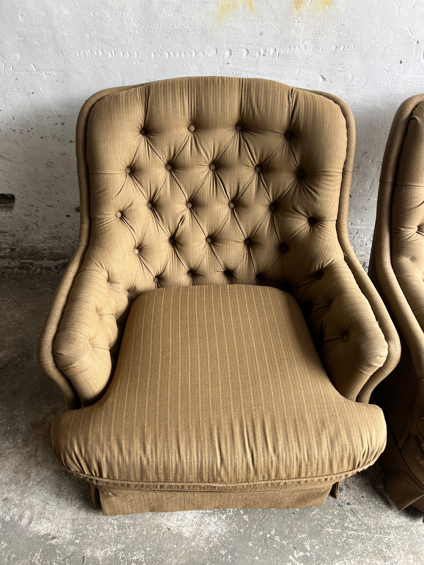 Pair of Tufted Lounge Armchairs with Ottoman, 1970s