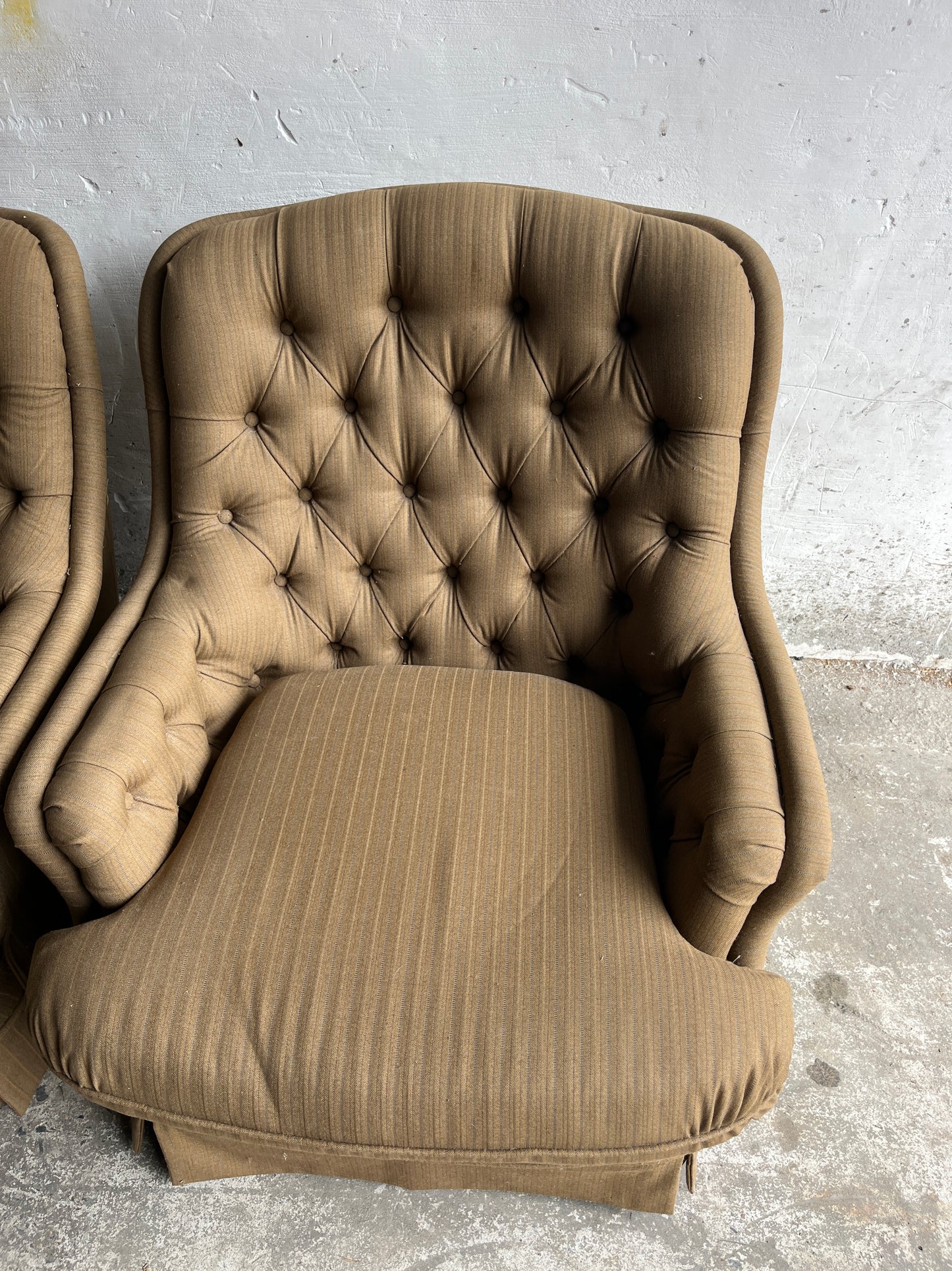 Pair of Tufted Lounge Armchairs with Ottoman, 1970s