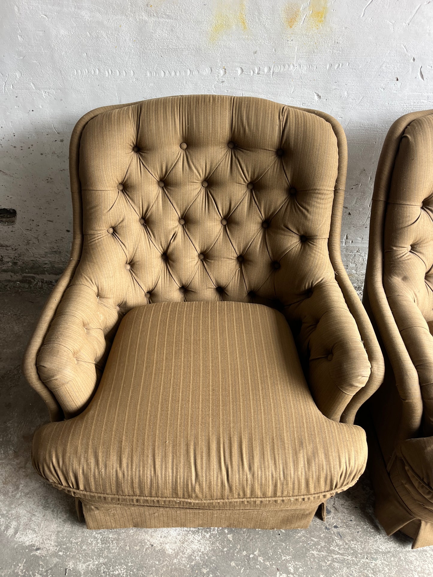 Pair of Tufted Lounge Armchairs with Ottoman, 1970s