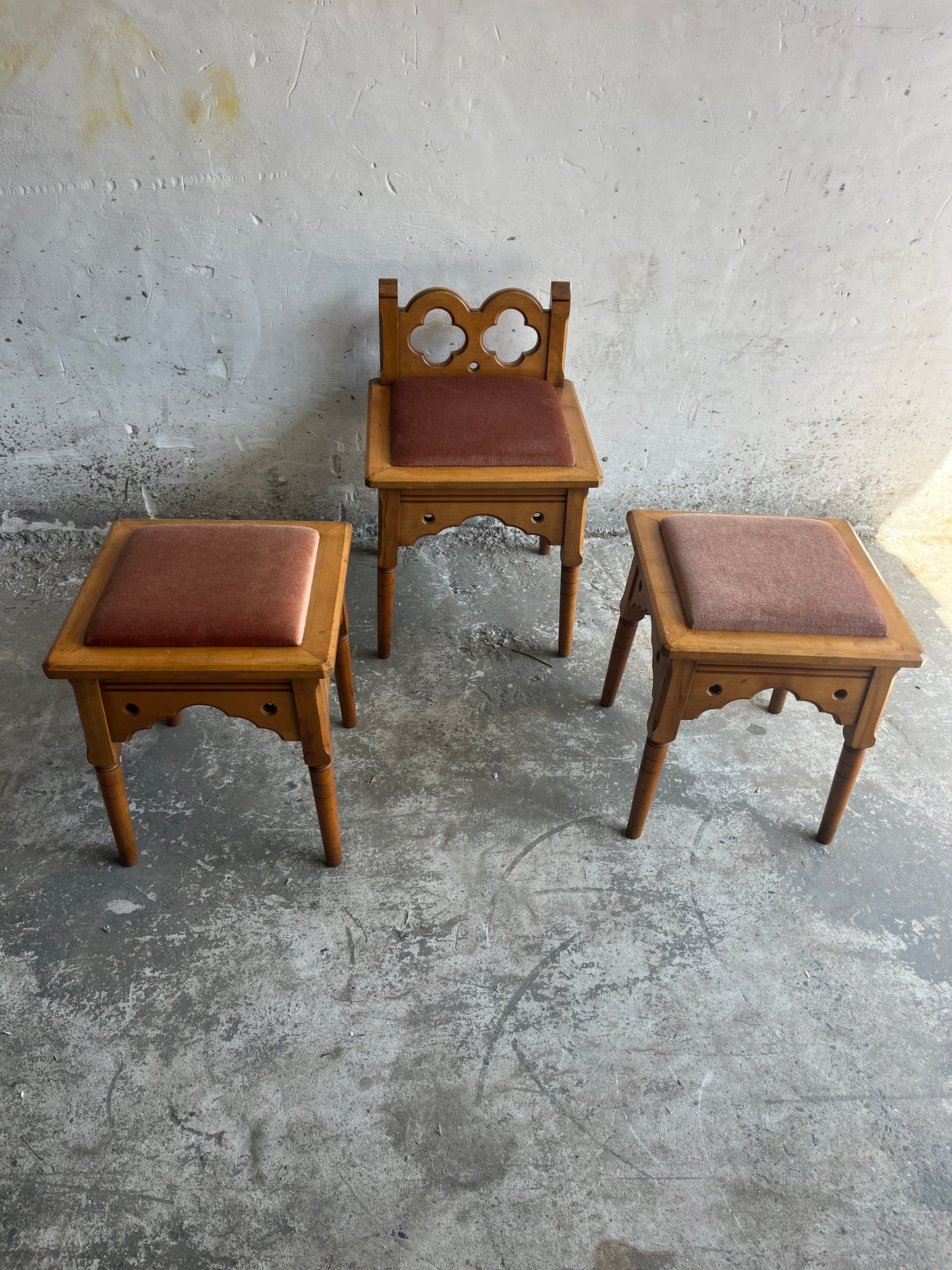 Set of 3 Rustic Gothic Revival Stools, 1970s