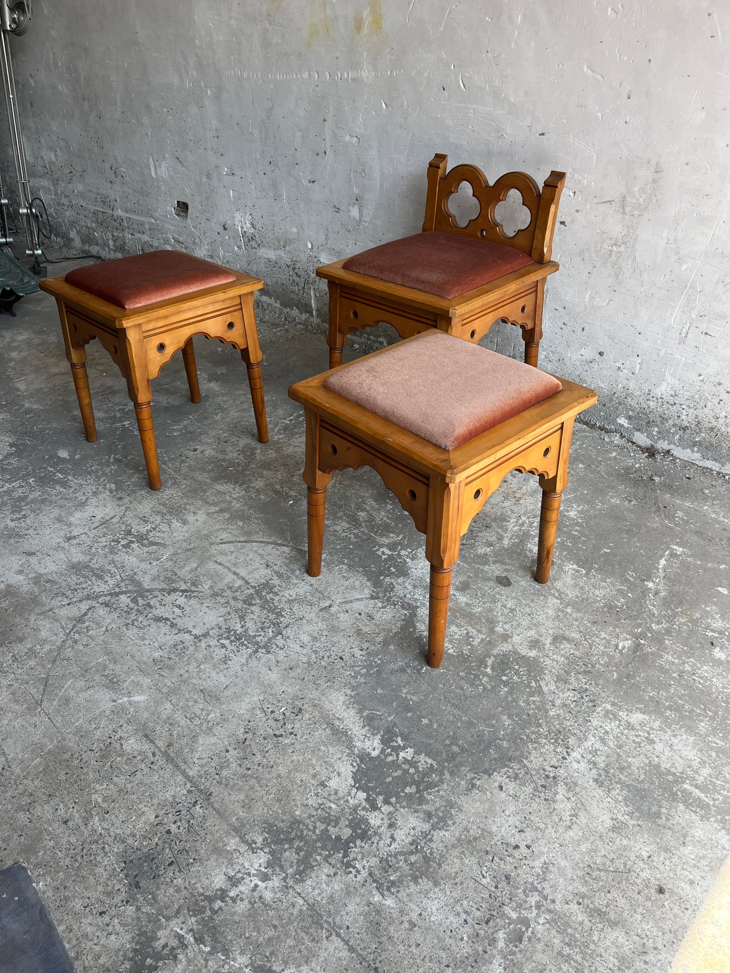 Set of 3 Rustic Gothic Revival Stools, 1970s
