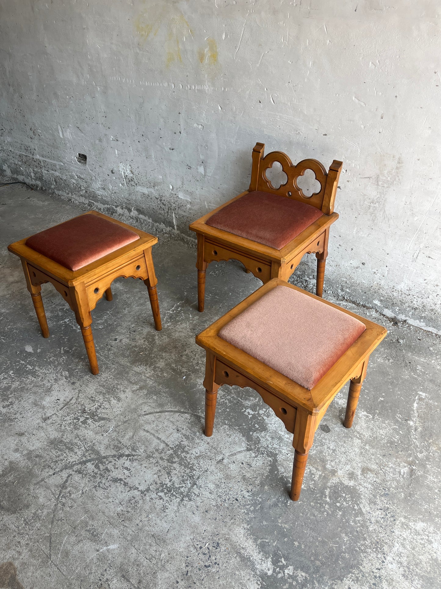 Set of 3 Rustic Gothic Revival Stools, 1970s